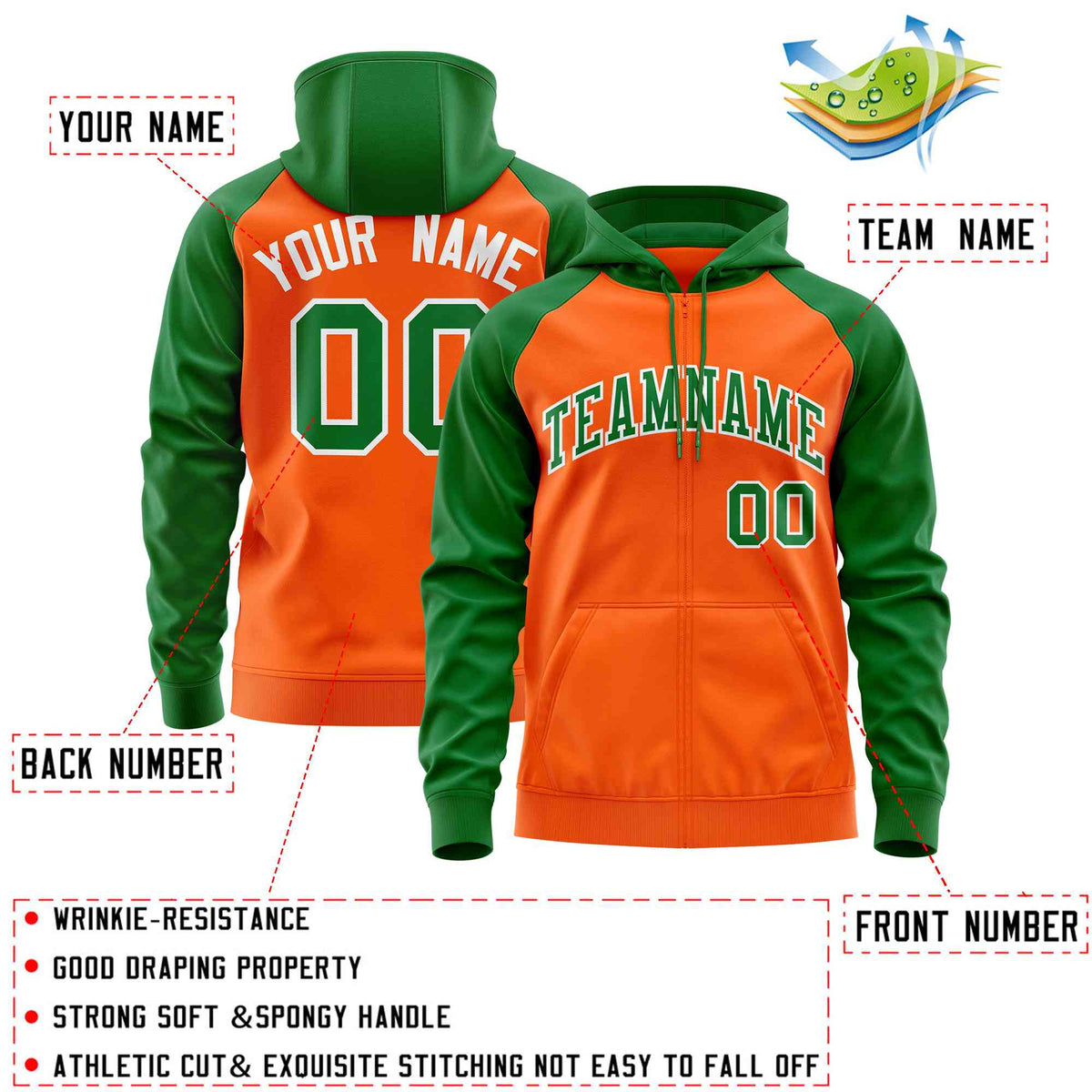 Custom Stitched Orange Kelly Green Raglan Sleeves Sports Full-Zip Sweatshirt Hoodie| KXKSHOP