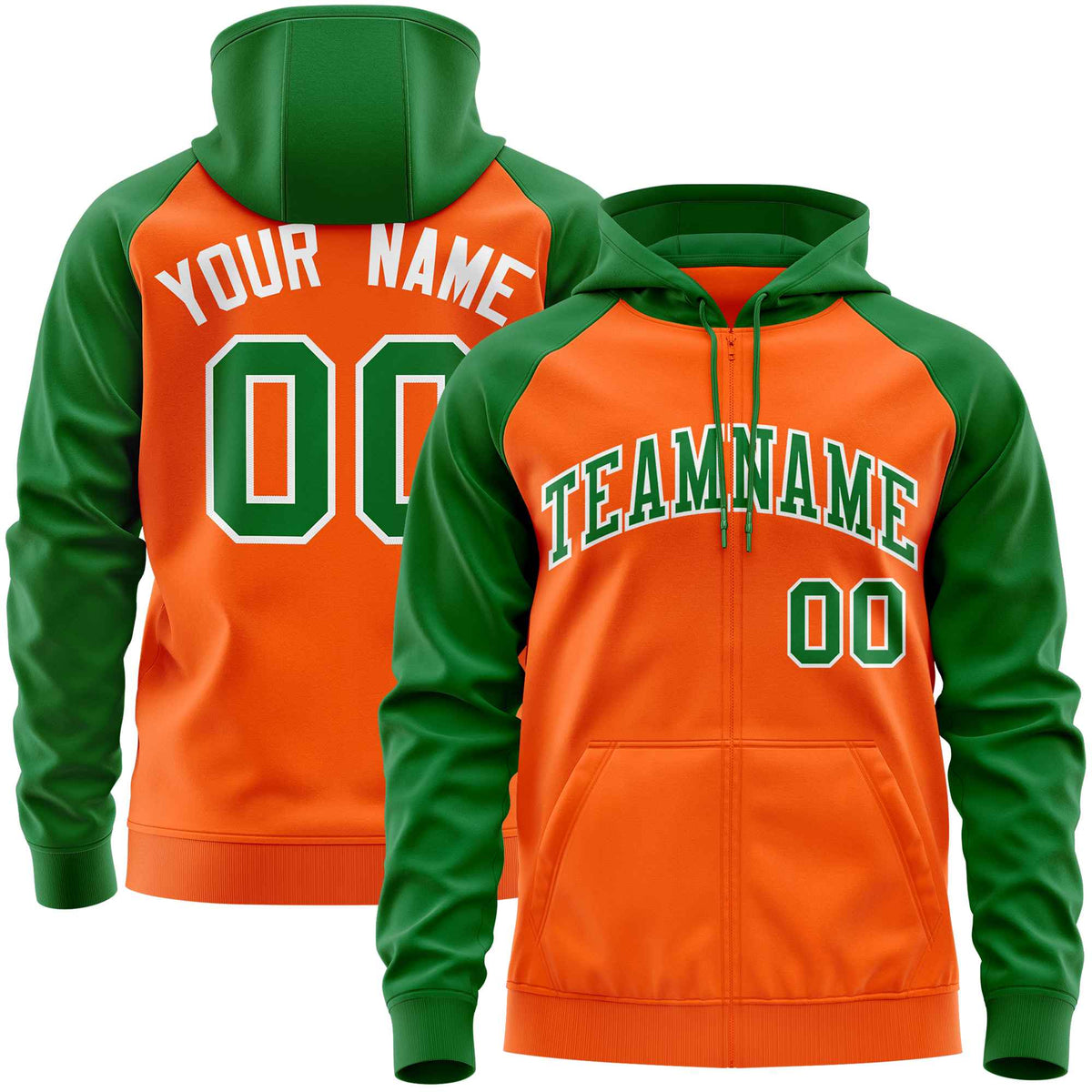 Custom Stitched Orange Kelly Green Raglan Sleeves Sports Full-Zip Sweatshirt Hoodie| KXKSHOP