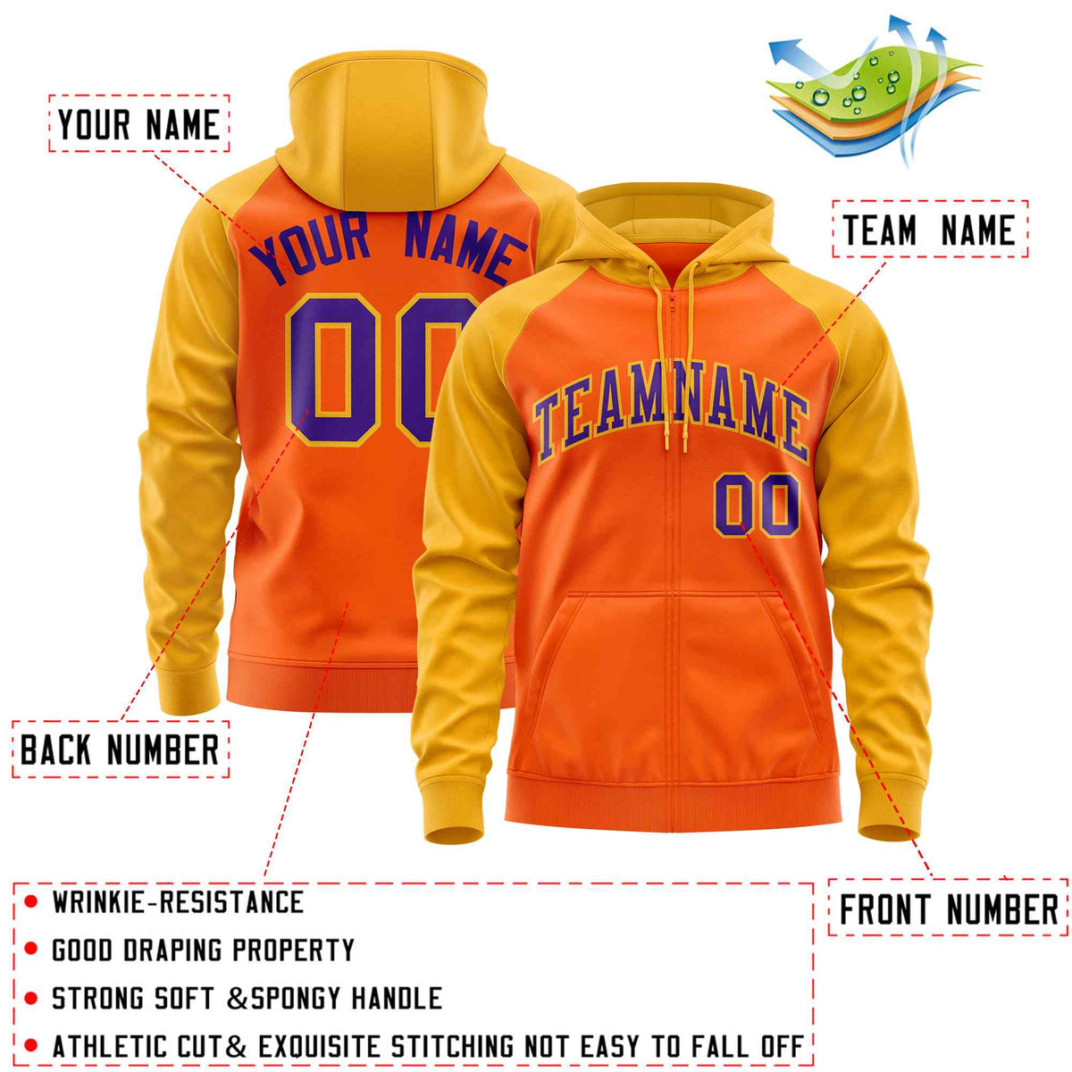 Custom Stitched Orange Gold-Purple Raglan Sleeves Sports Full-Zip Sweatshirt Hoodie| KXKSHOP