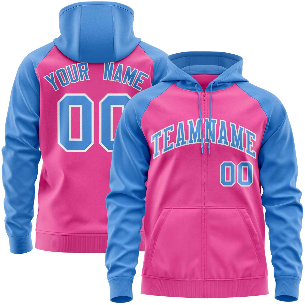 Custom Stitched Pink Powder Blue Raglan Sleeves Sports Full-Zip Sweatshirt Hoodie| KXKSHOP