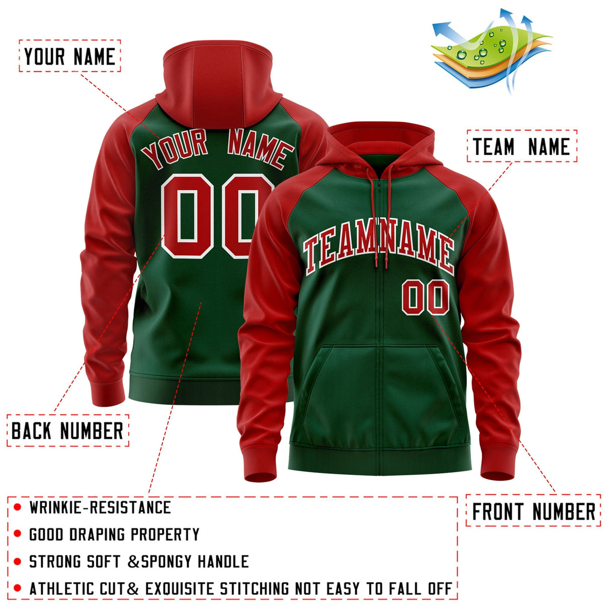Custom Stitched Green Red-White Raglan Sleeves Sports Full-Zip Sweatshirt Hoodie| KXKSHOP