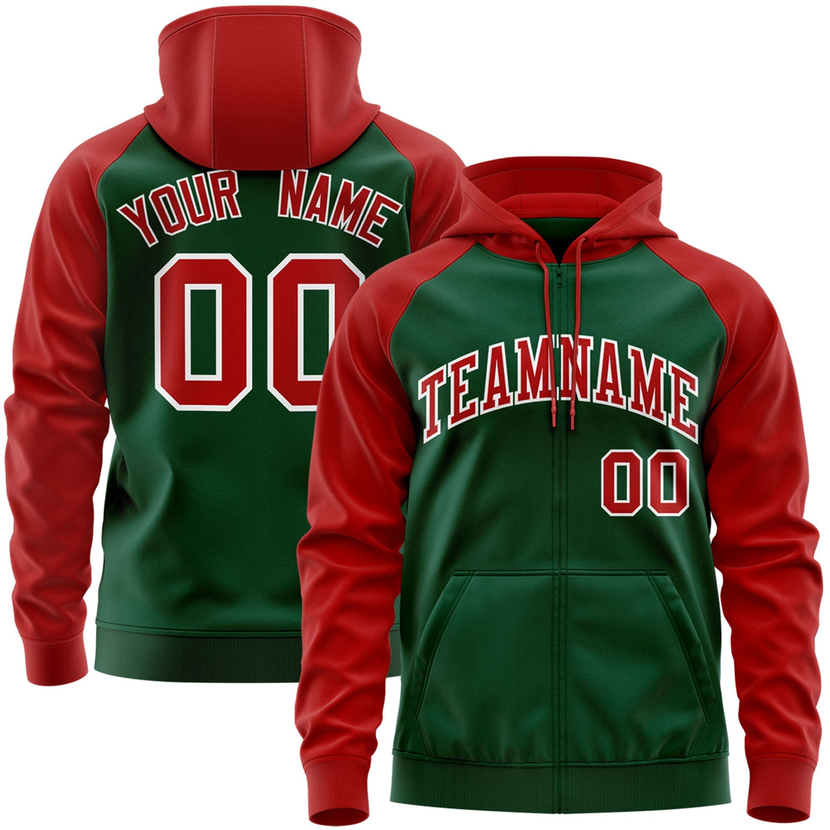 Custom Stitched Green Red-White Raglan Sleeves Sports Full-Zip Sweatshirt Hoodie| KXKSHOP
