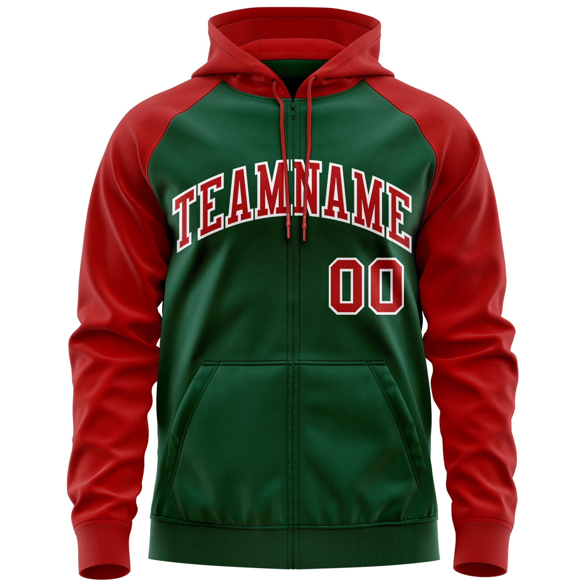 Custom Stitched Green Red-White Raglan Sleeves Sports Full-Zip Sweatshirt Hoodie| KXKSHOP