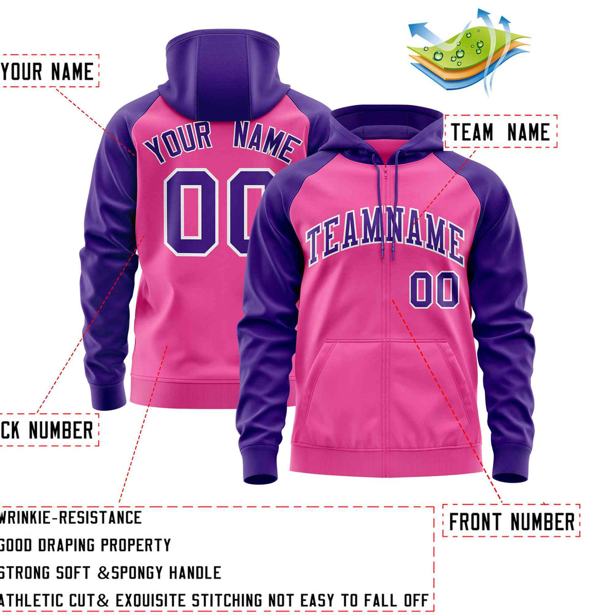 Custom Stitched Pink Purple Raglan Sleeves Sports Full-Zip Sweatshirt Hoodie| KXKSHOP