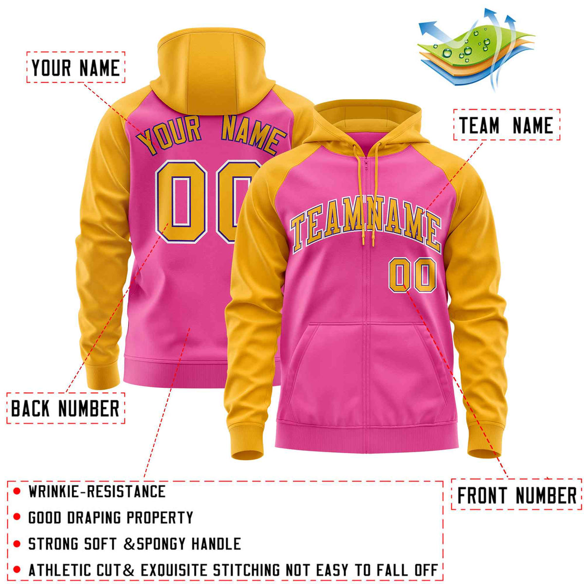 Custom Stitched Pink Gold Raglan Sleeves Sports Full-Zip Sweatshirt Hoodie| KXKSHOP