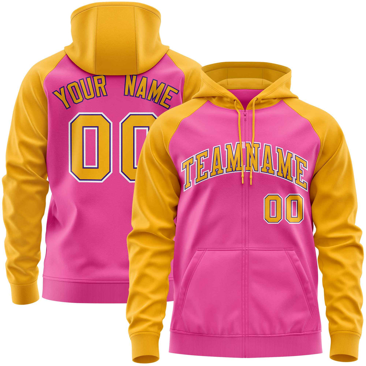 Custom Stitched Pink Gold Raglan Sleeves Sports Full-Zip Sweatshirt Hoodie| KXKSHOP