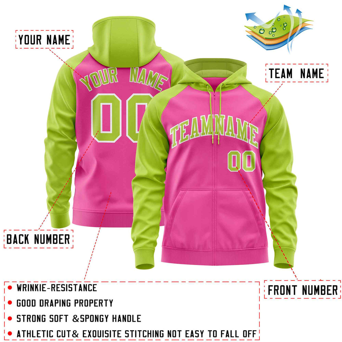 Custom Stitched Pink Neon Green Raglan Sleeves Sports Full-Zip Sweatshirt Hoodie| KXKSHOP