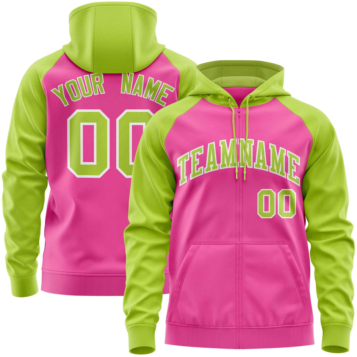 Custom Stitched Pink Neon Green Raglan Sleeves Sports Full-Zip Sweatshirt Hoodie| KXKSHOP