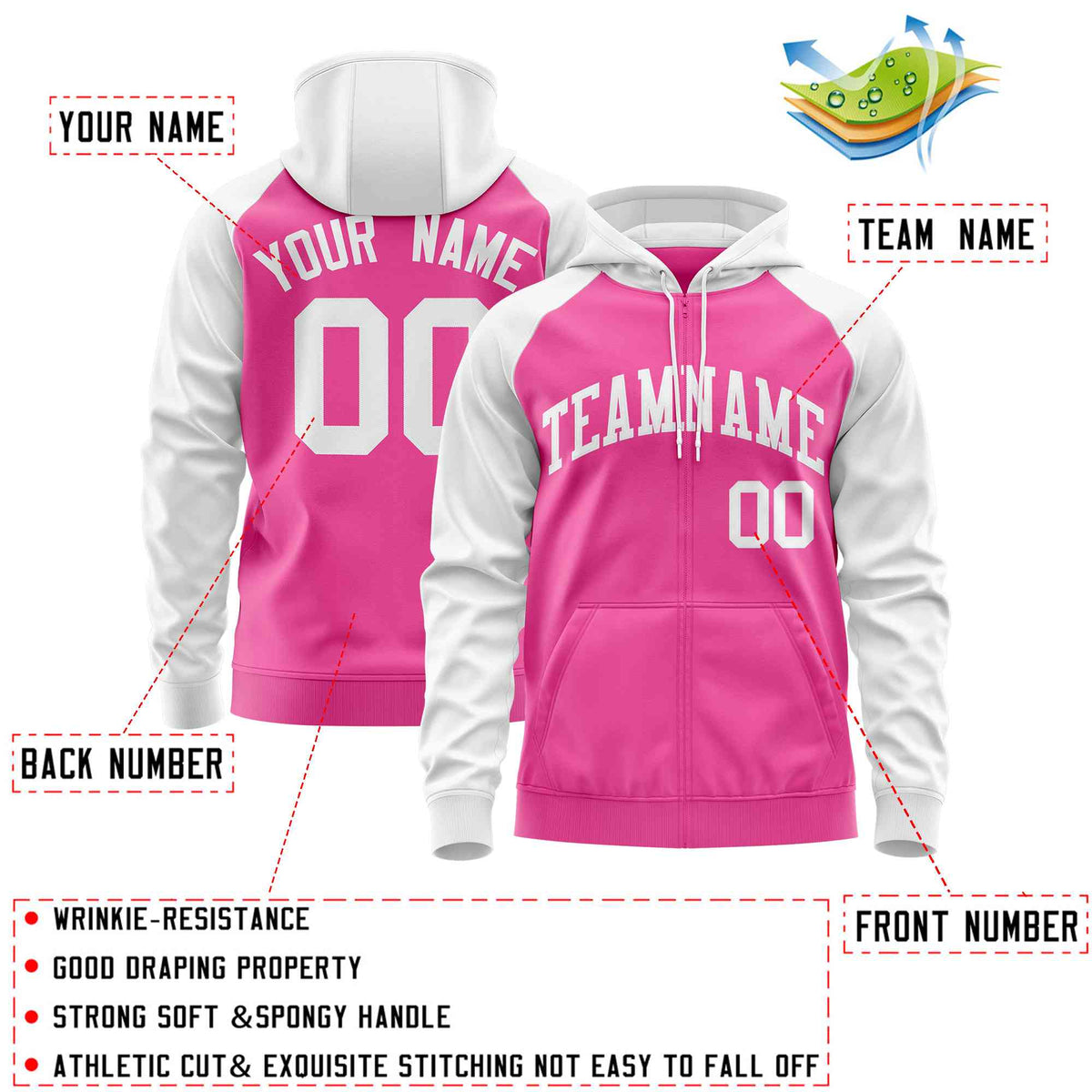 Custom Stitched Pink White Raglan Sleeves Sports Full-Zip Sweatshirt Hoodie| KXKSHOP