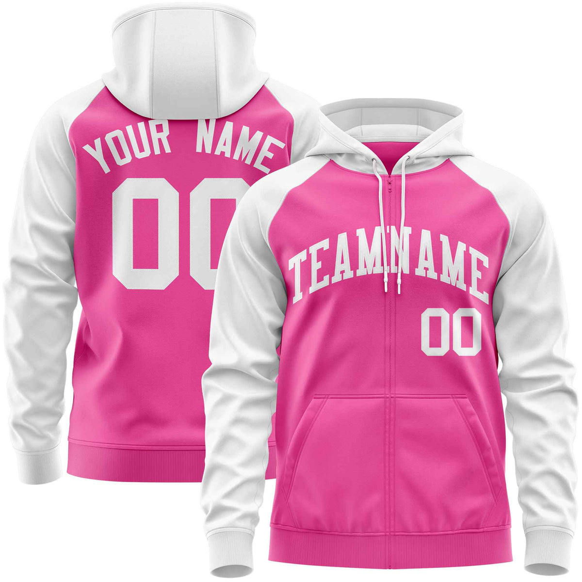 Custom Stitched Pink White Raglan Sleeves Sports Full-Zip Sweatshirt Hoodie| KXKSHOP