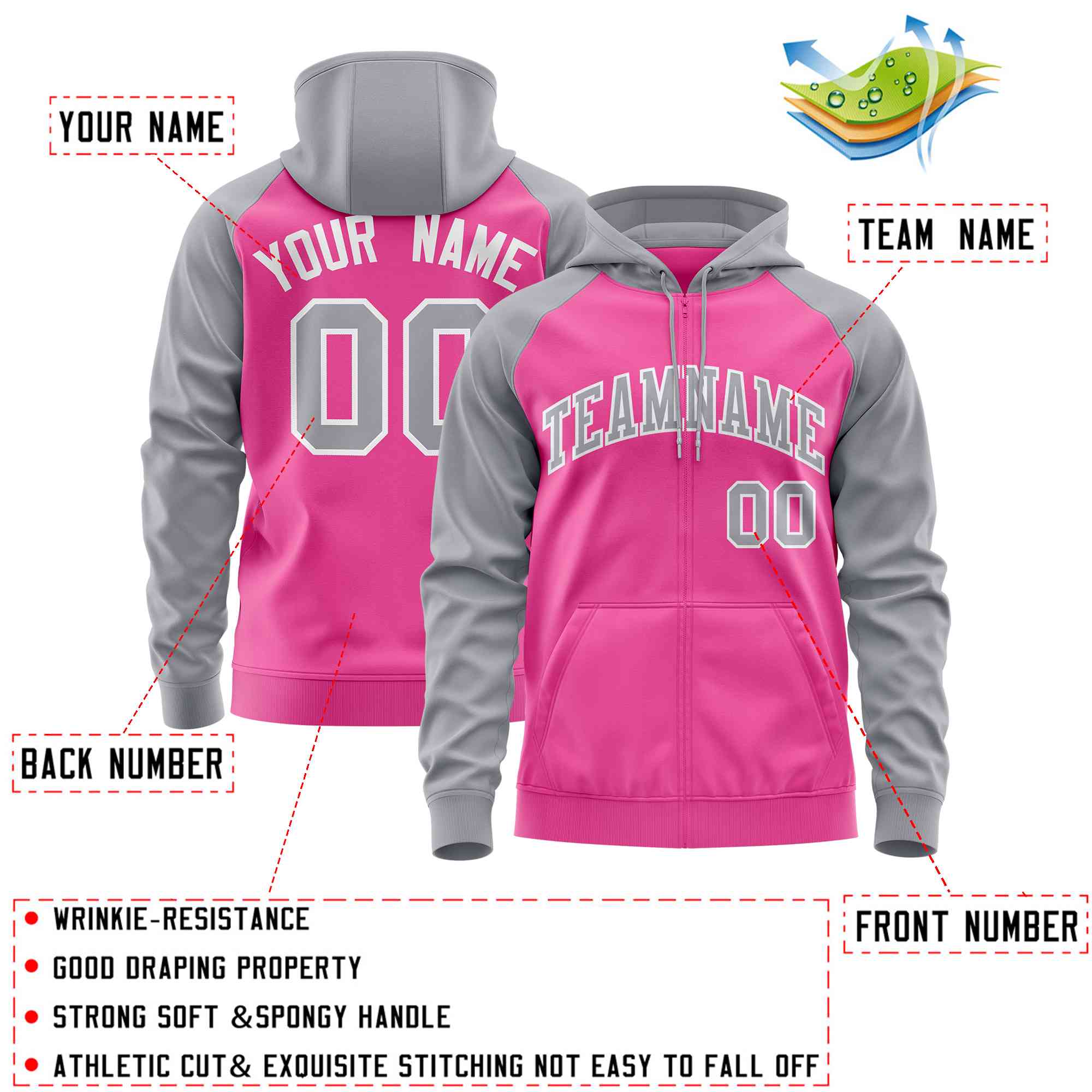 Custom Stitched Pink Light Gray Raglan Sleeves Sports Full-Zip Sweatshirt Hoodie| KXKSHOP