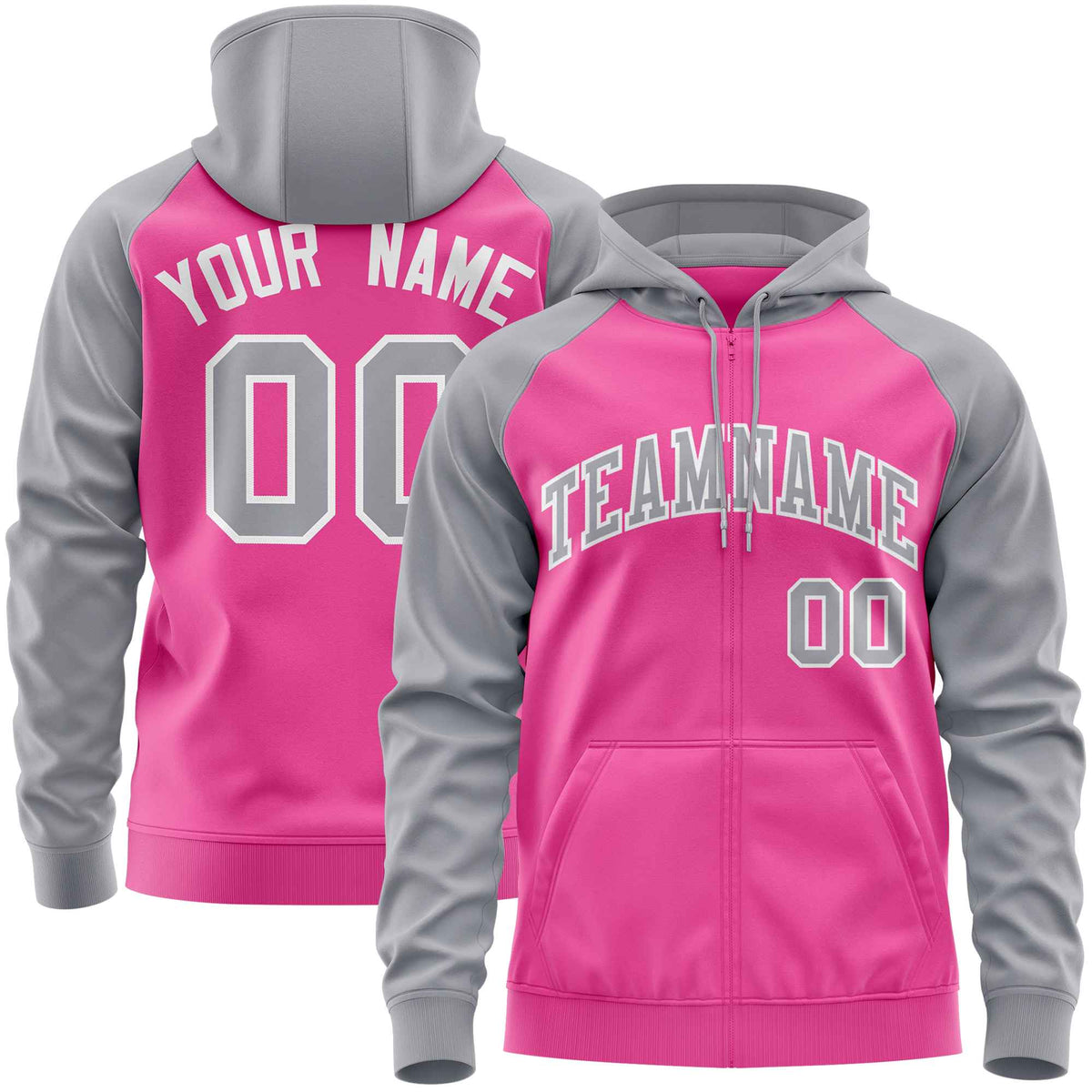 Custom Stitched Pink Light Gray Raglan Sleeves Sports Full-Zip Sweatshirt Hoodie| KXKSHOP