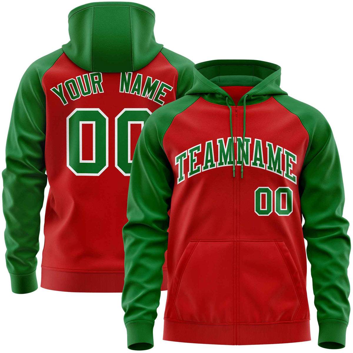 Custom Stitched Red Kelly Green Raglan Sleeves Sports Full-Zip Sweatshirt Hoodie| KXKSHOP