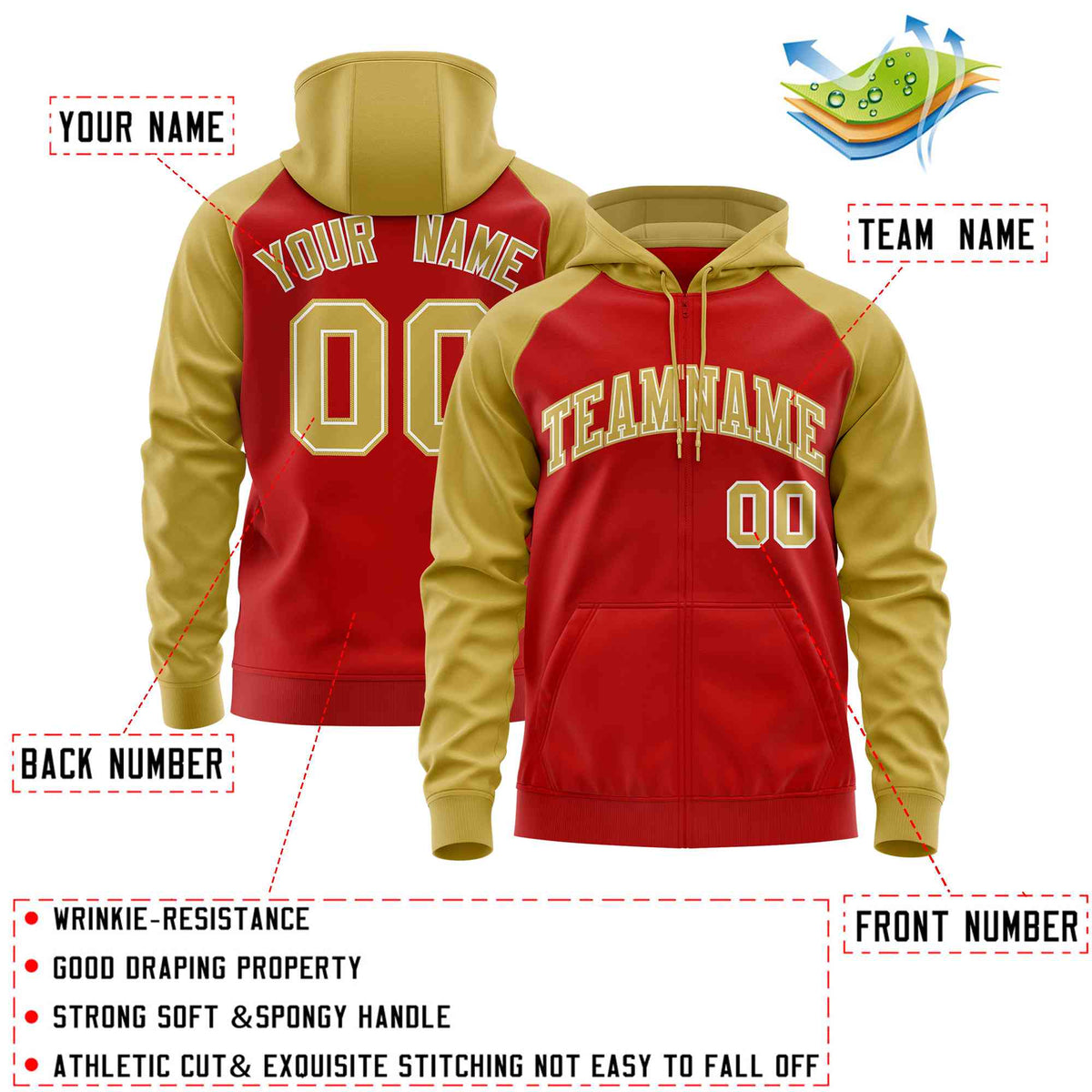 Custom Stitched Red Old Gold Raglan Sleeves Sports Full-Zip Sweatshirt Hoodie| KXKSHOP