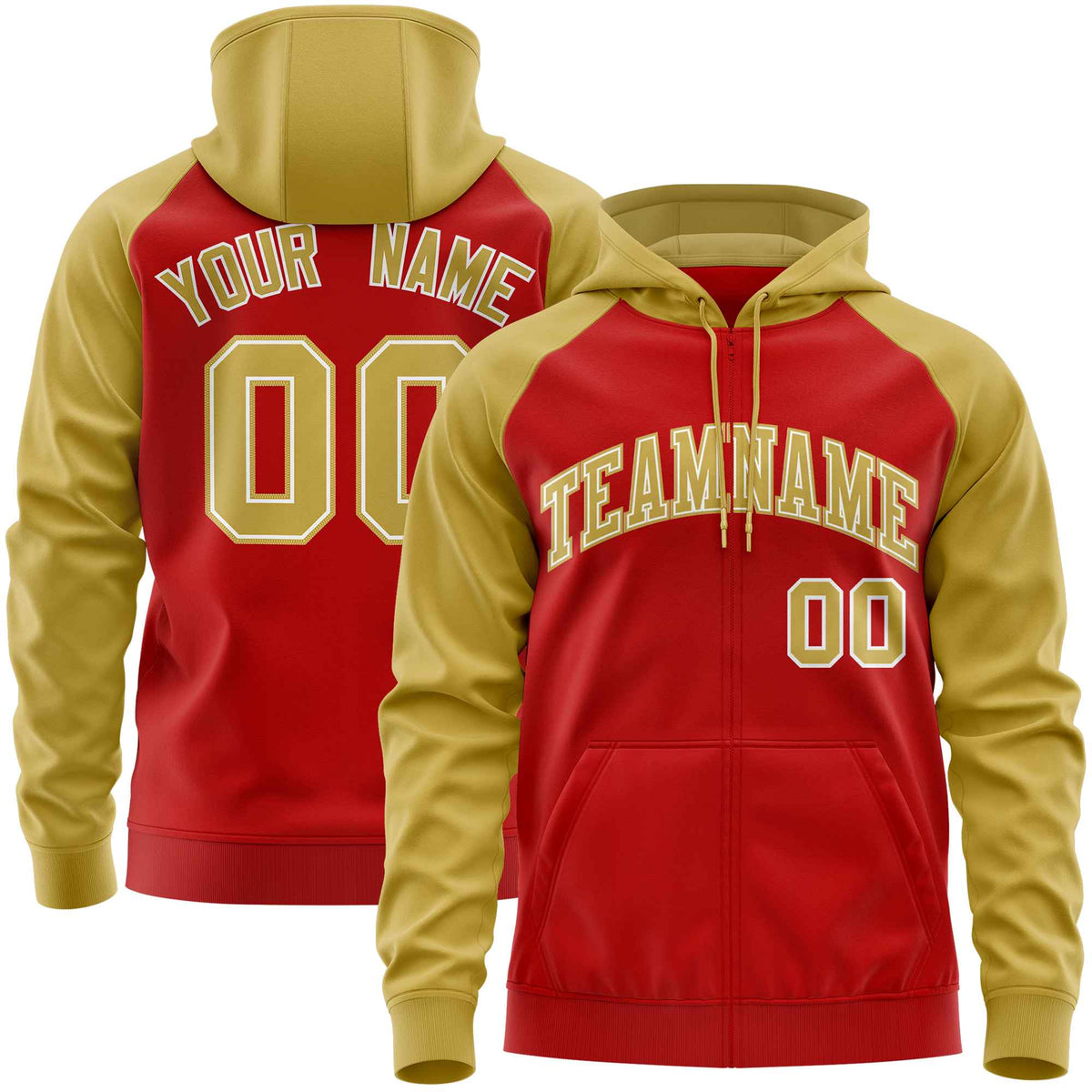 Custom Stitched Red Old Gold Raglan Sleeves Sports Full-Zip Sweatshirt Hoodie| KXKSHOP