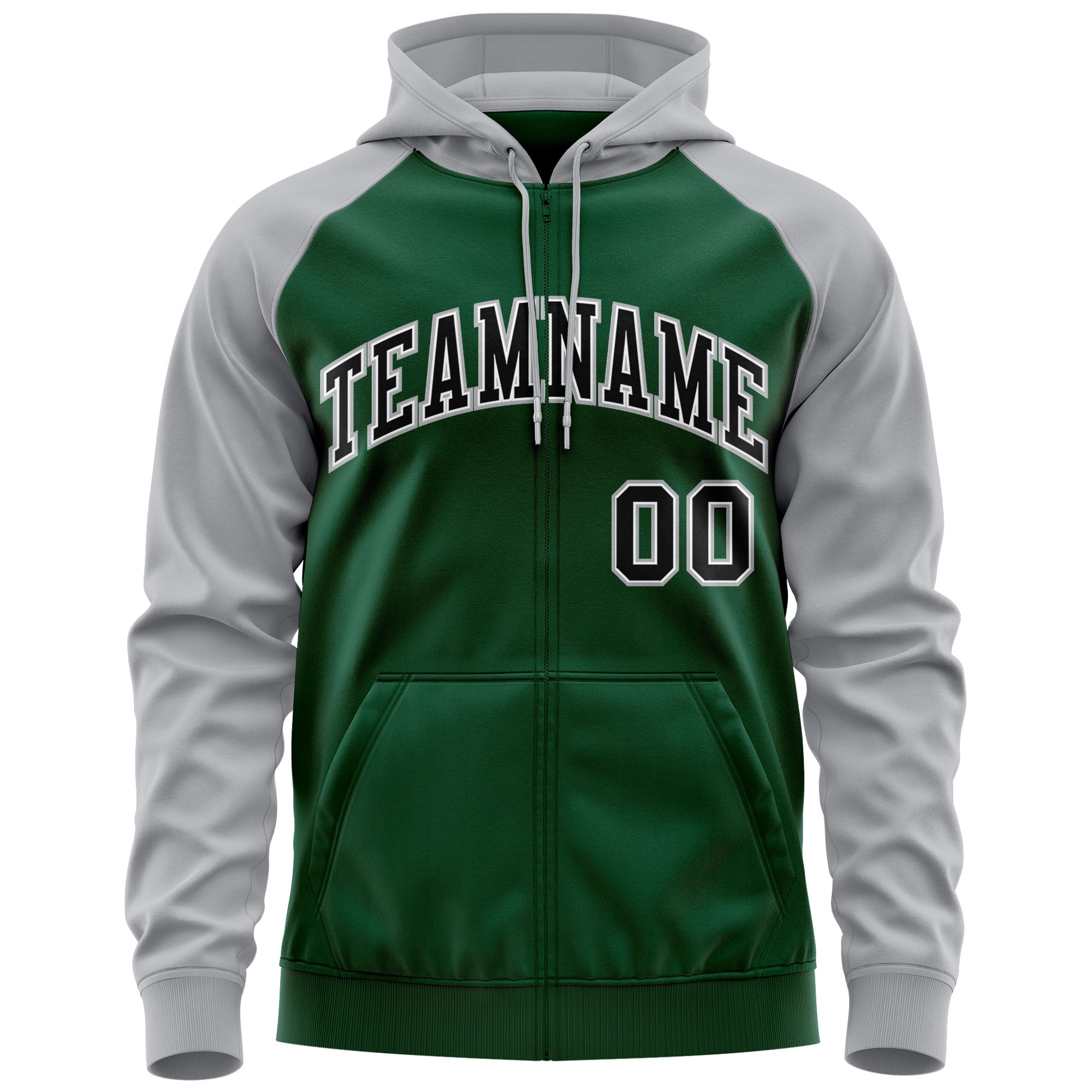 Custom Stitched Green Black-Gray Raglan Sleeves Sports Full-Zip Sweatshirt Hoodie| KXKSHOP