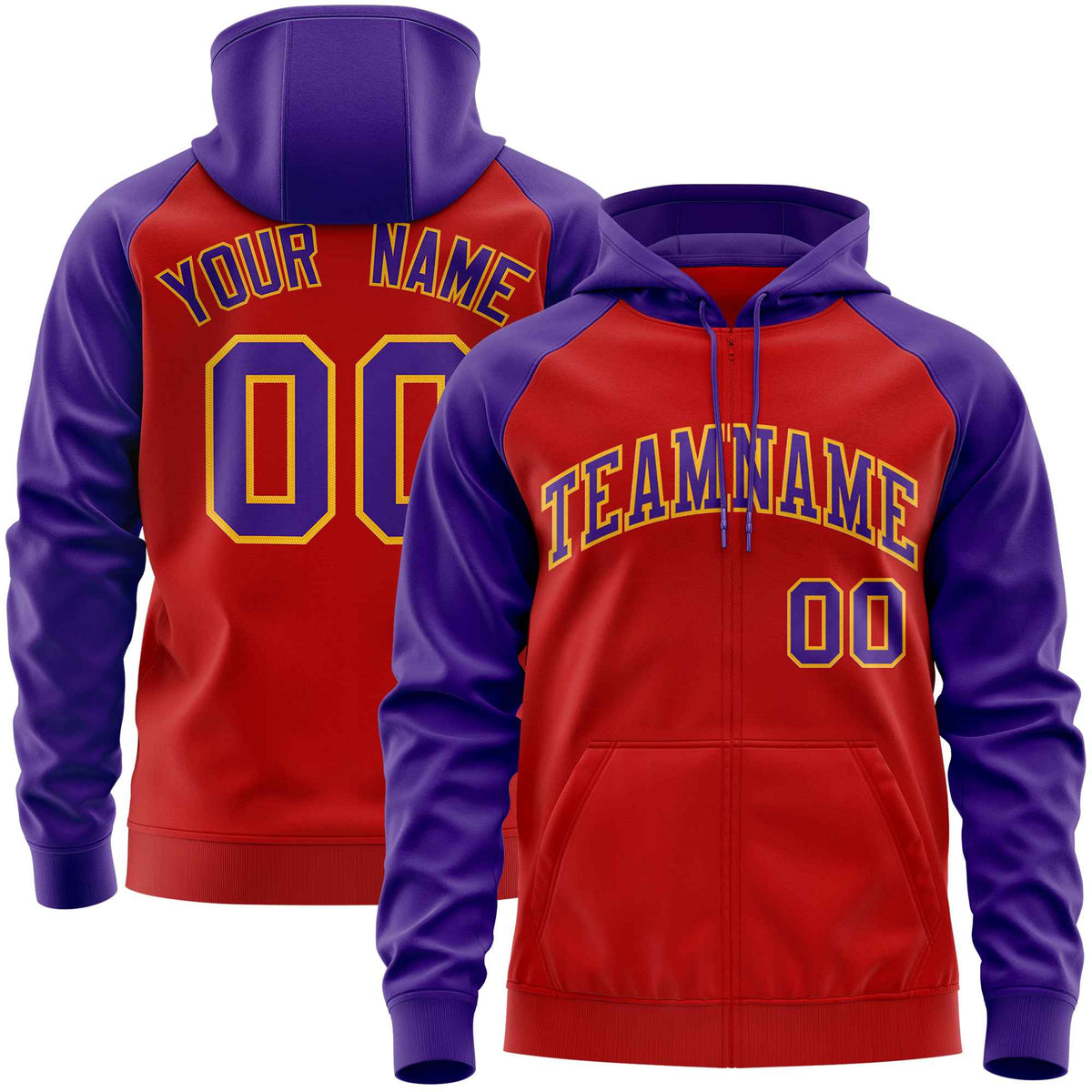 Custom Stitched Red Purple Raglan Sleeves Sports Full-Zip Sweatshirt Hoodie| KXKSHOP