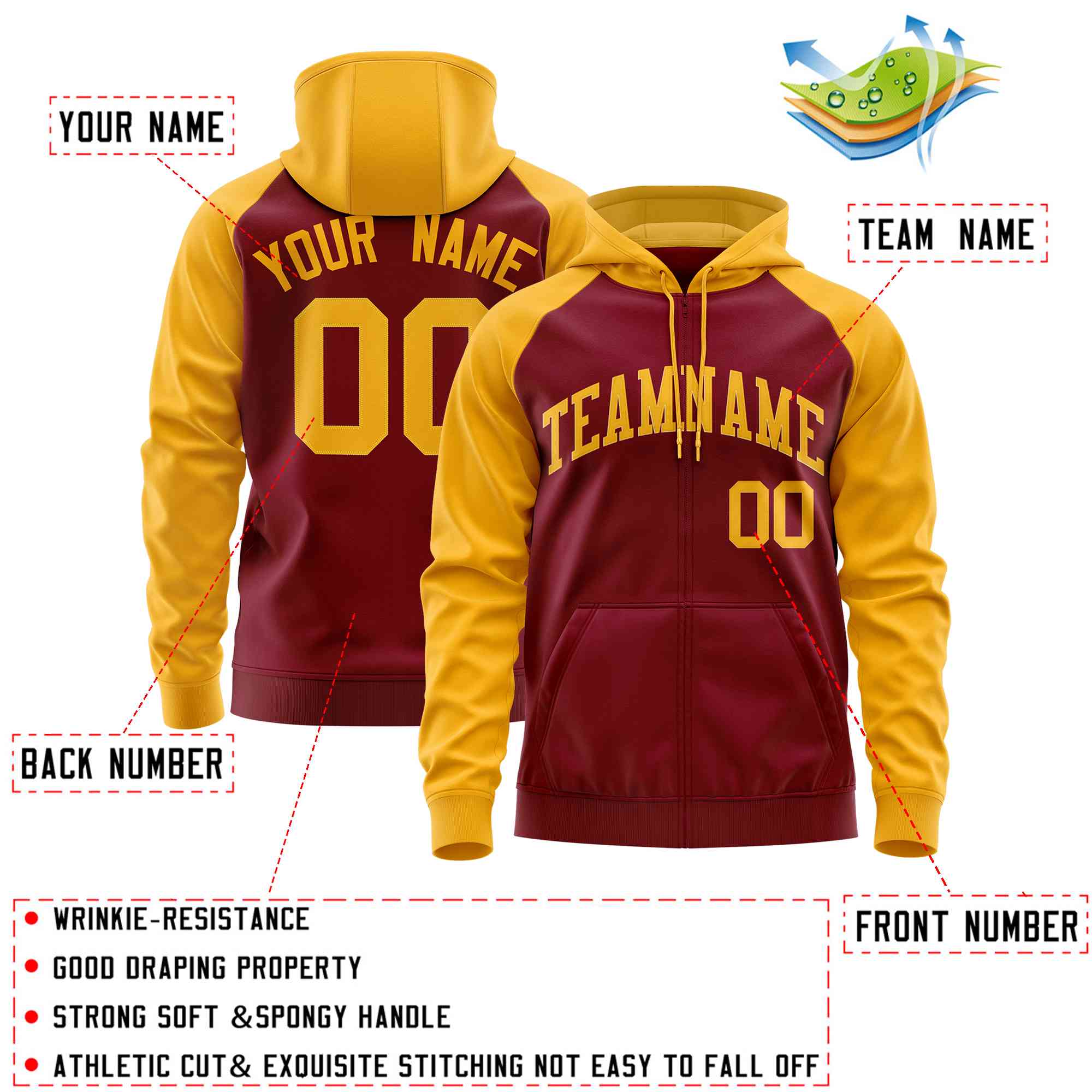 Custom Stitched Crimson Gold Raglan Sleeves Sports Full-Zip Sweatshirt Hoodie| KXKSHOP
