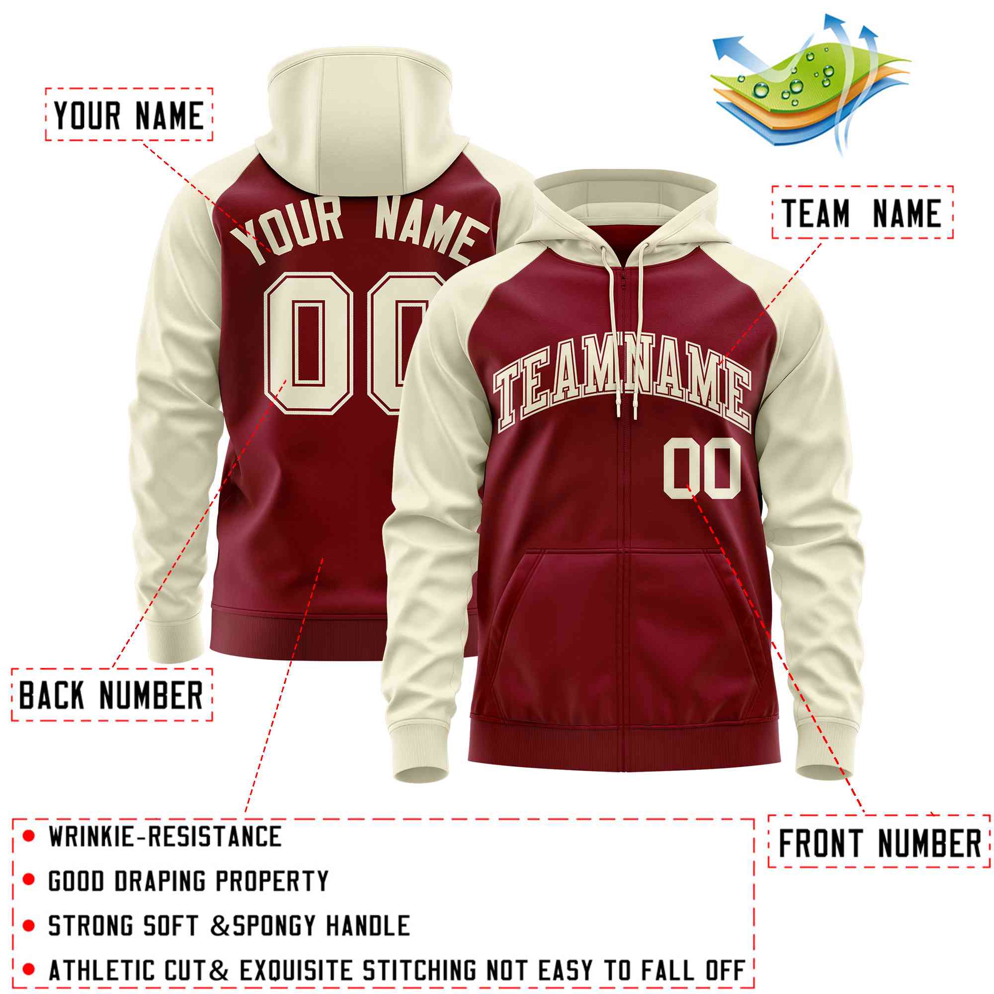 Custom Stitched Crimson Cream Raglan Sleeves Sports Full-Zip Sweatshirt Hoodie| KXKSHOP
