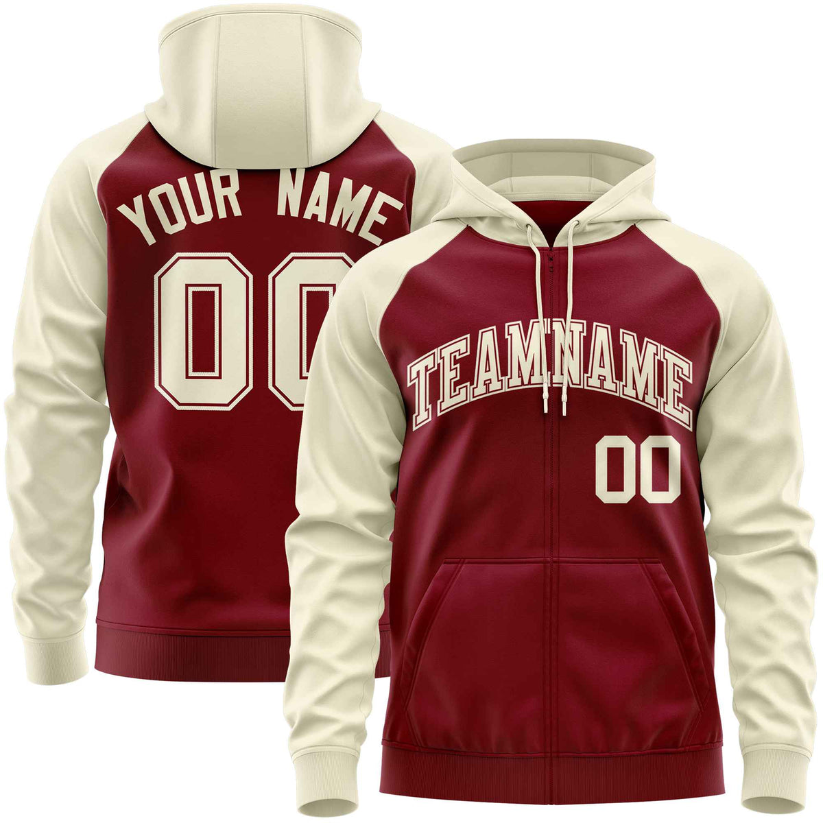 Custom Stitched Crimson Cream Raglan Sleeves Sports Full-Zip Sweatshirt Hoodie| KXKSHOP