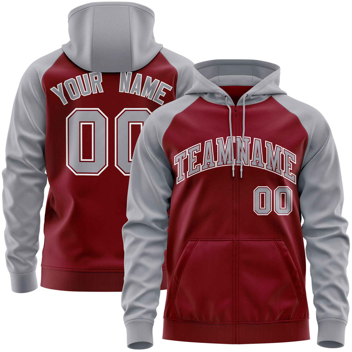 Custom Stitched Crimson Light Gray Raglan Sleeves Sports Full-Zip Sweatshirt Hoodie| KXKSHOP
