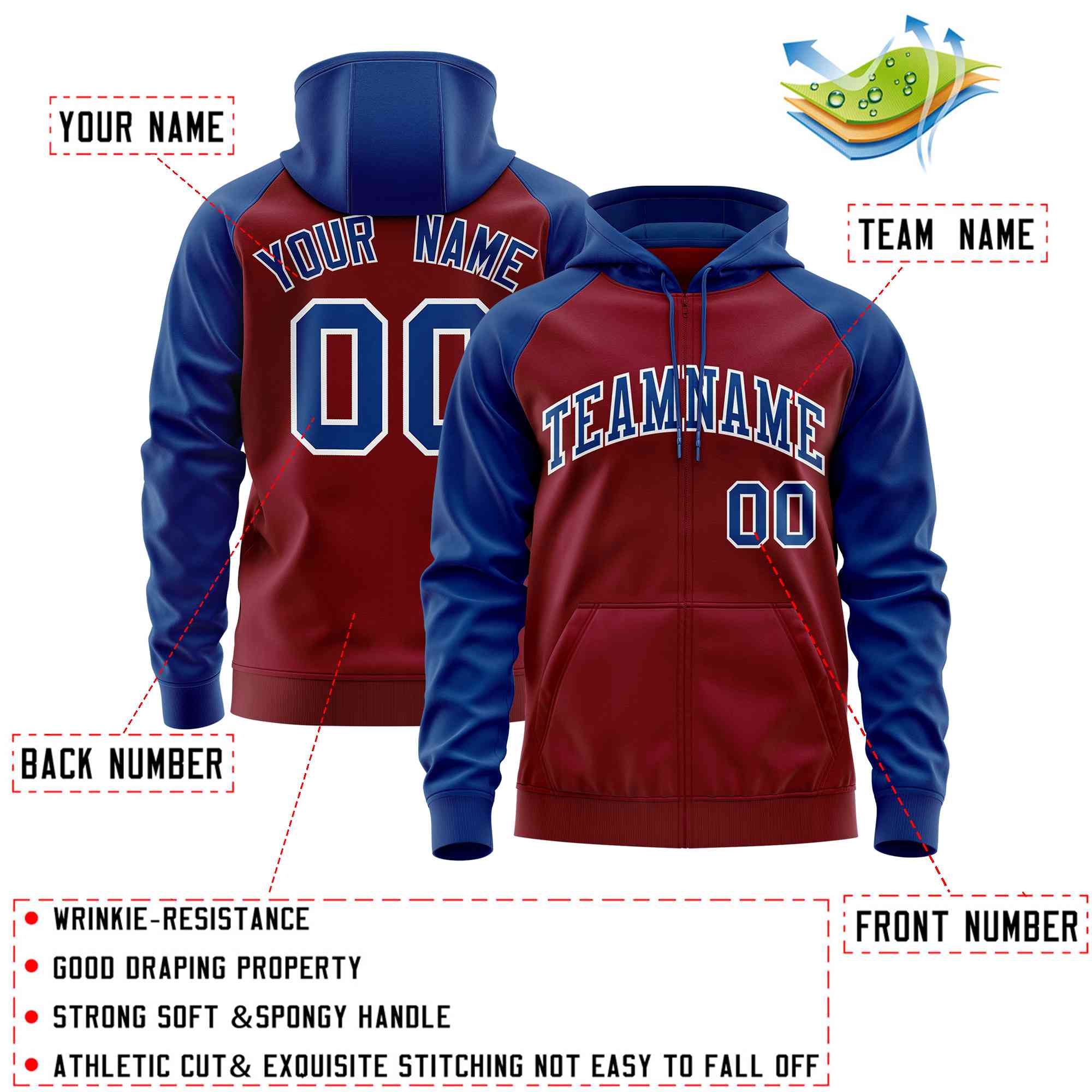 Custom Stitched Crimson Royal Raglan Sleeves Sports Full-Zip Sweatshirt Hoodie| KXKSHOP