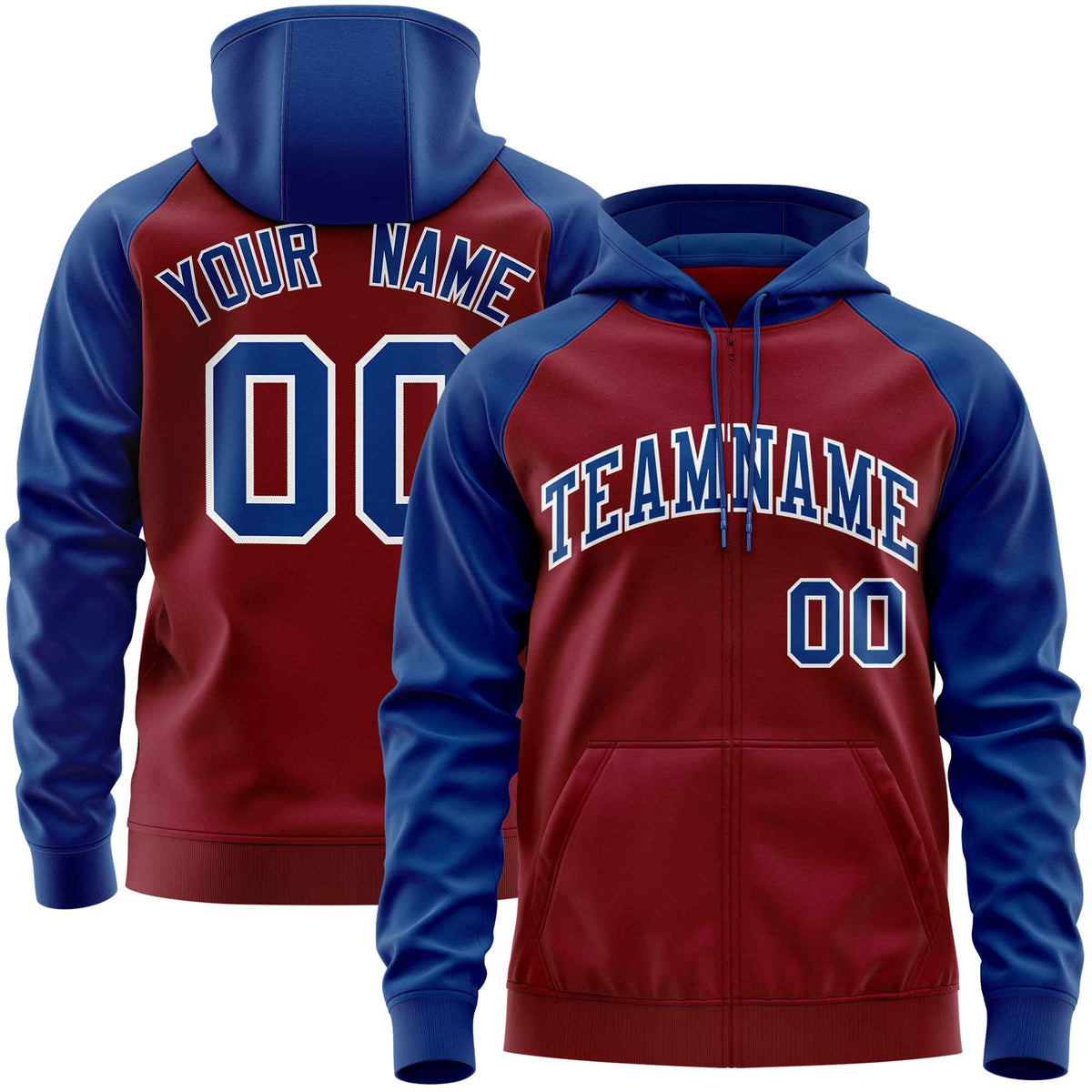 Custom Stitched Crimson Royal Raglan Sleeves Sports Full-Zip Sweatshirt Hoodie| KXKSHOP