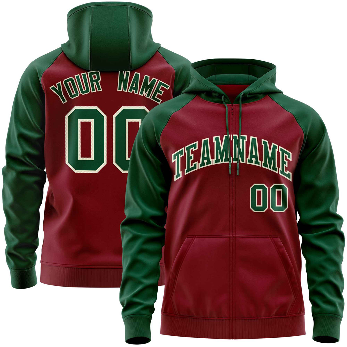 Custom Stitched Crimson Green Raglan Sleeves Sports Full-Zip Sweatshirt Hoodie| KXKSHOP