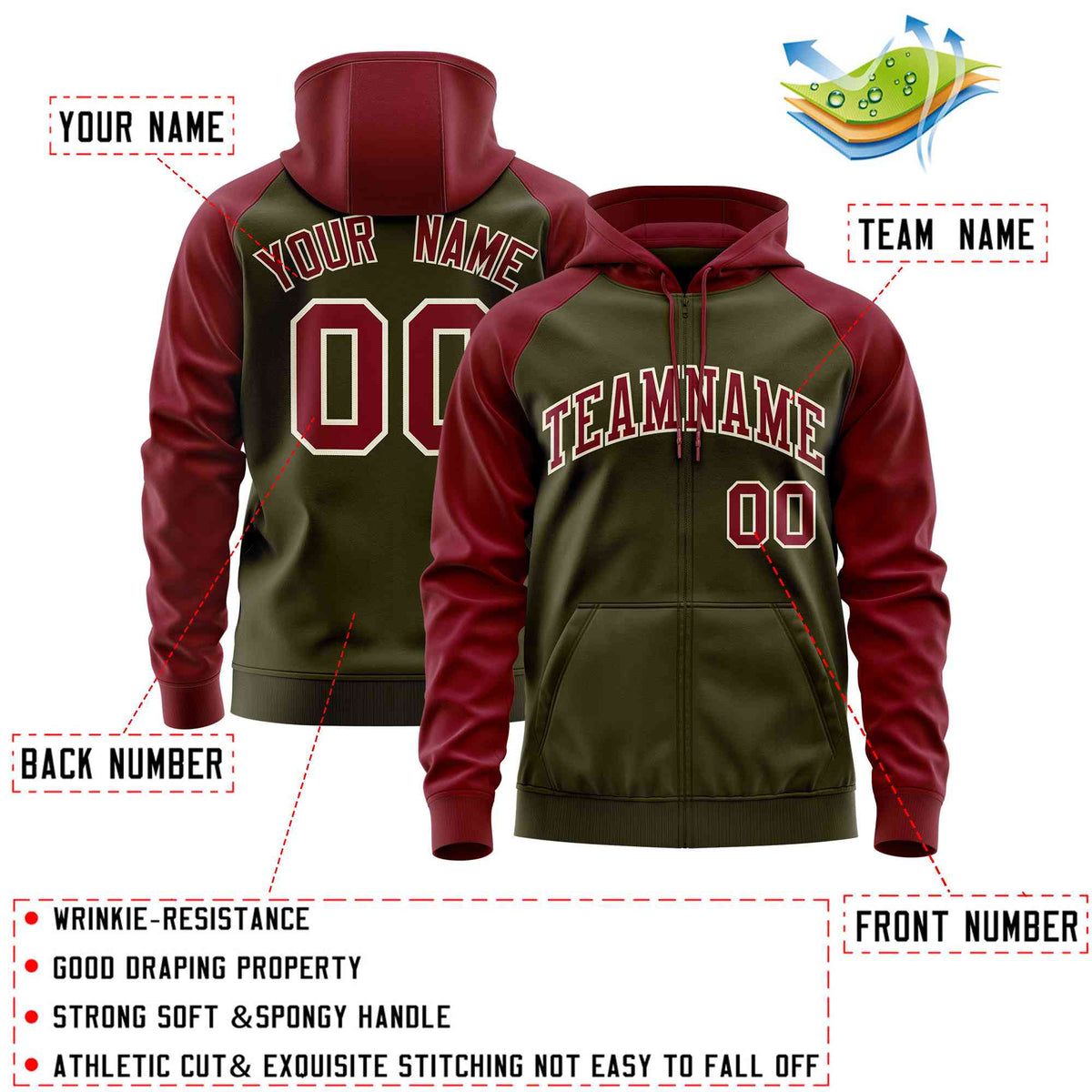Custom Stitched Olive Crimson Raglan Sleeves Sports Full-Zip Sweatshirt Hoodie| KXKSHOP