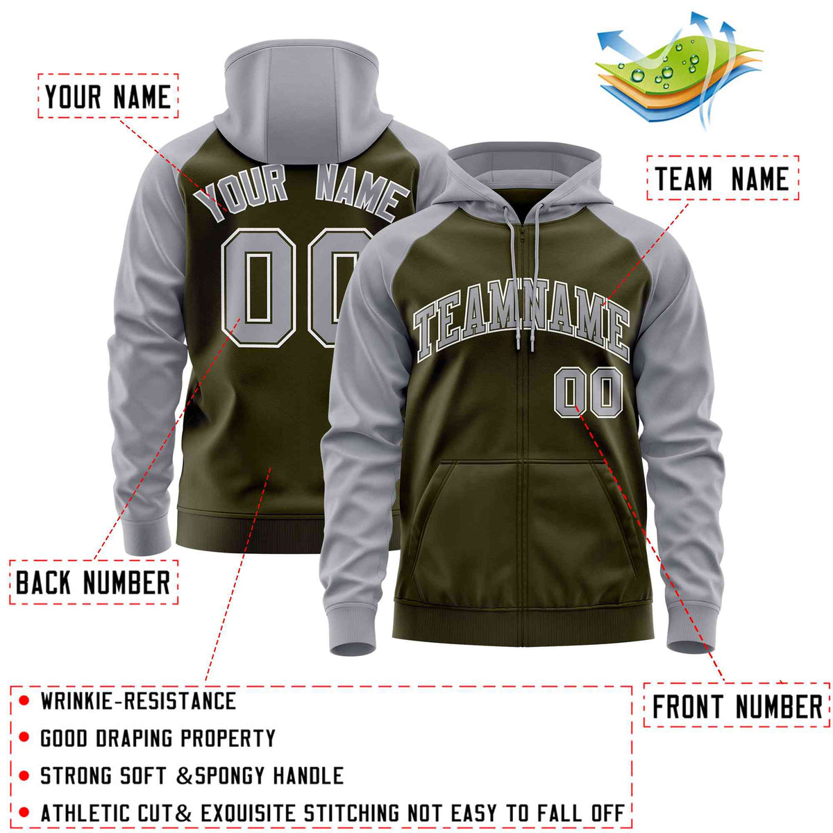 Custom Stitched Olive Light Gray Raglan Sleeves Sports Full-Zip Sweatshirt Hoodie| KXKSHOP