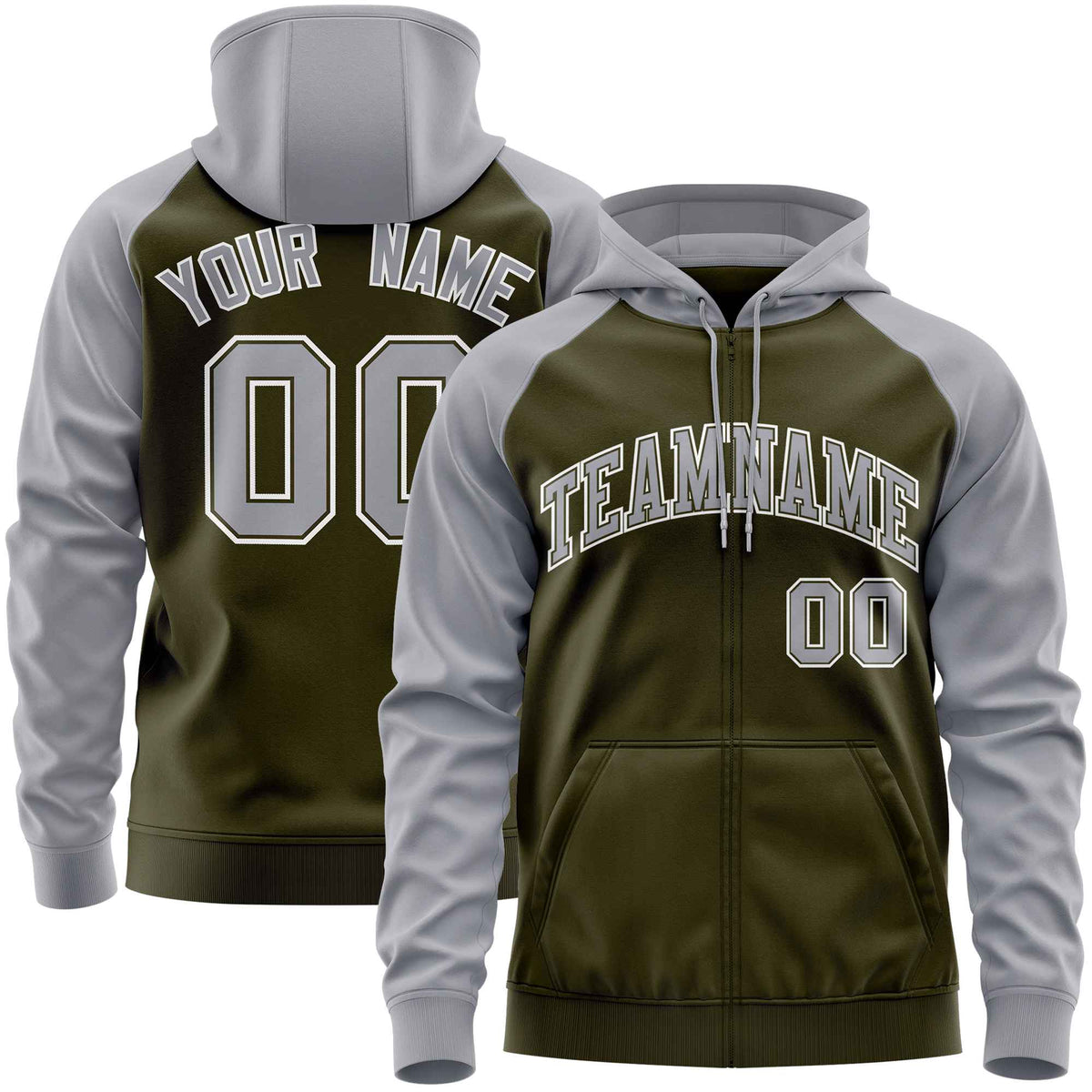 Custom Stitched Olive Light Gray Raglan Sleeves Sports Full-Zip Sweatshirt Hoodie| KXKSHOP
