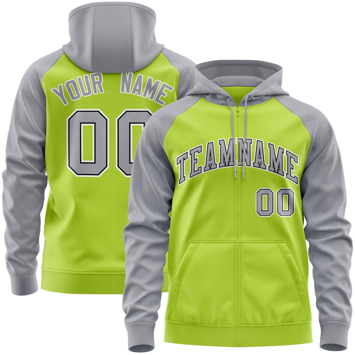 Custom Stitched Neon Green Light Gray Raglan Sleeves Sports Full-Zip Sweatshirt Hoodie| KXKSHOP