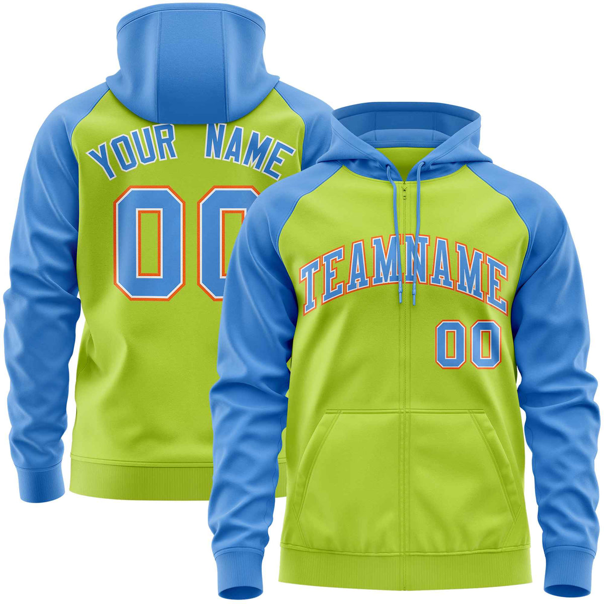 Custom Stitched Neon Green Powder Blue Raglan Sleeves Sports Full-Zip Sweatshirt Hoodie| KXKSHOP