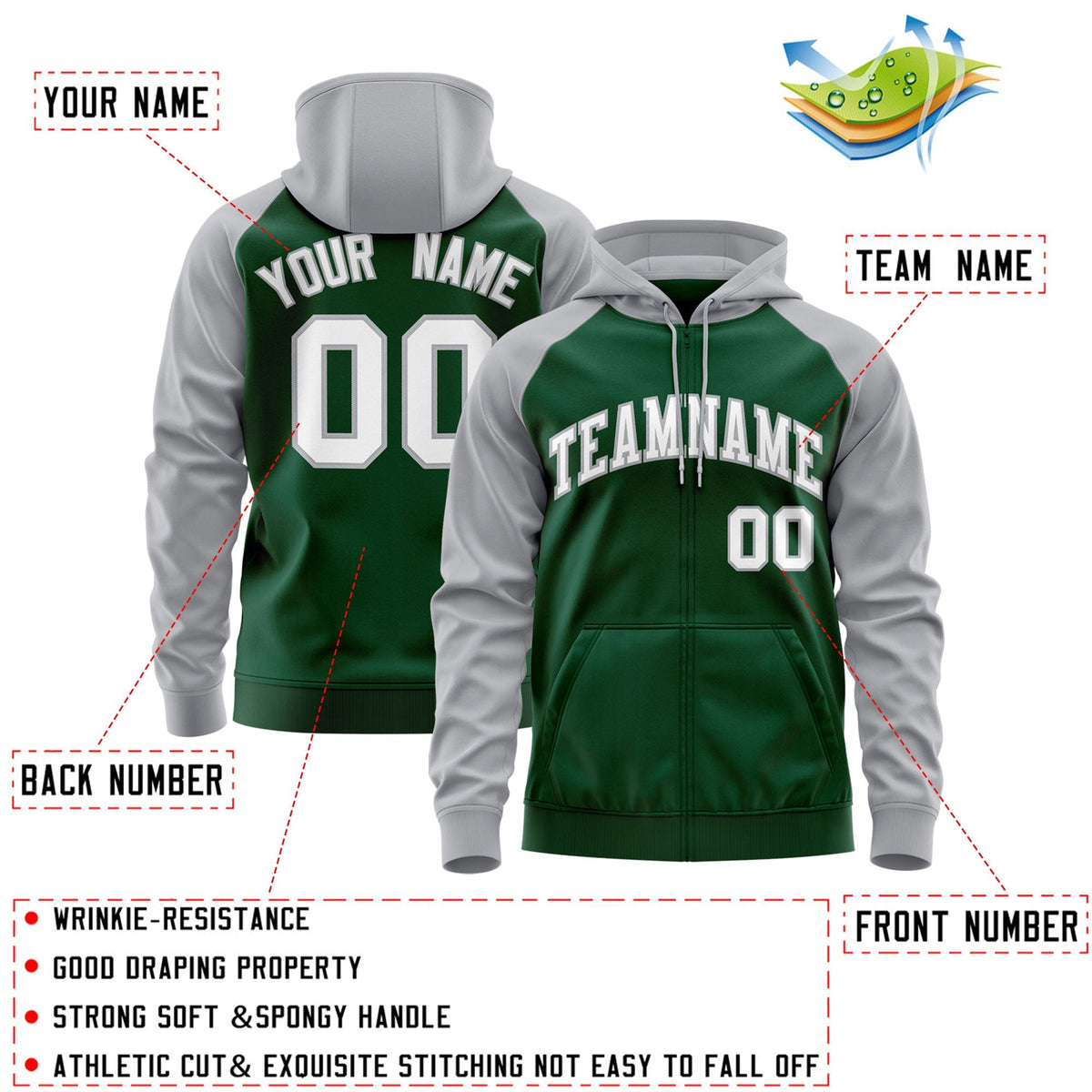Custom Stitched Green White-Gray Raglan Sleeves Sports Full-Zip Sweatshirt Hoodie| KXKSHOP