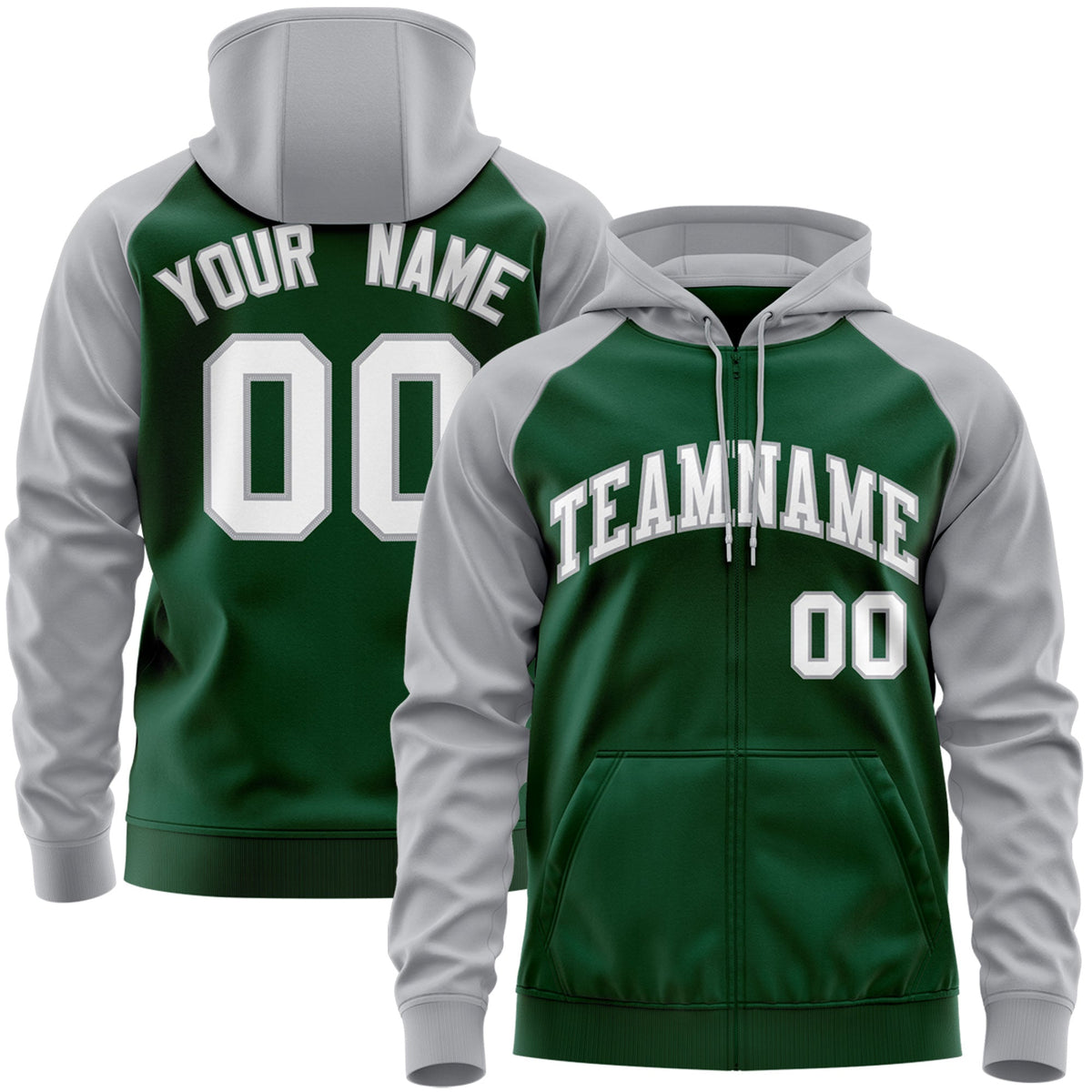 Custom Stitched Green White-Gray Raglan Sleeves Sports Full-Zip Sweatshirt Hoodie| KXKSHOP