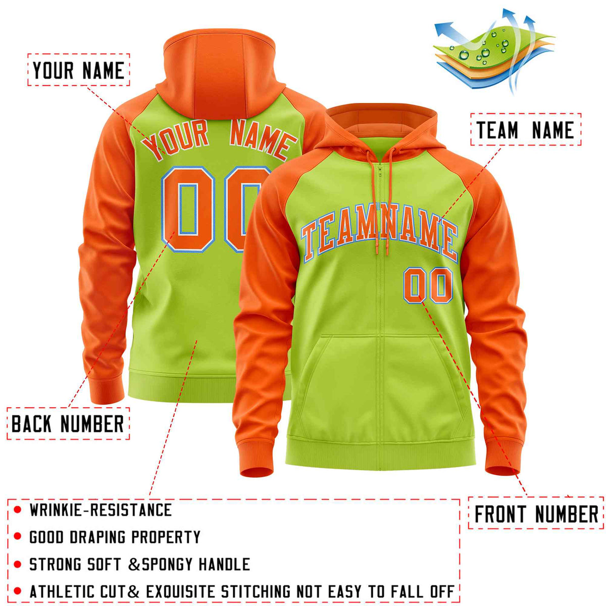 Custom Stitched Neon Green Orange Raglan Sleeves Sports Full-Zip Sweatshirt Hoodie| KXKSHOP