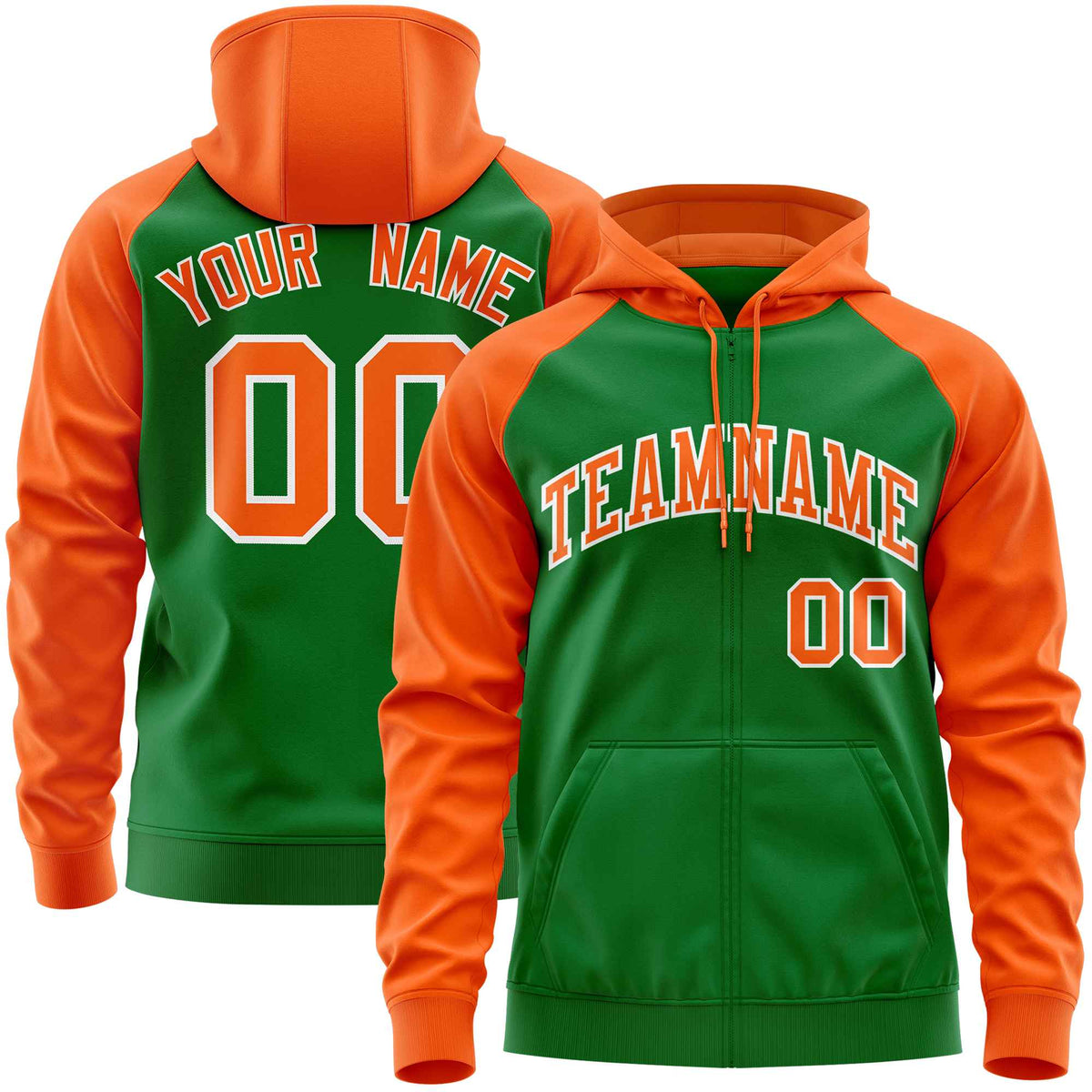 Custom Stitched Kelly Green Orange Raglan Sleeves Sports Full-Zip Sweatshirt Hoodie| KXKSHOP