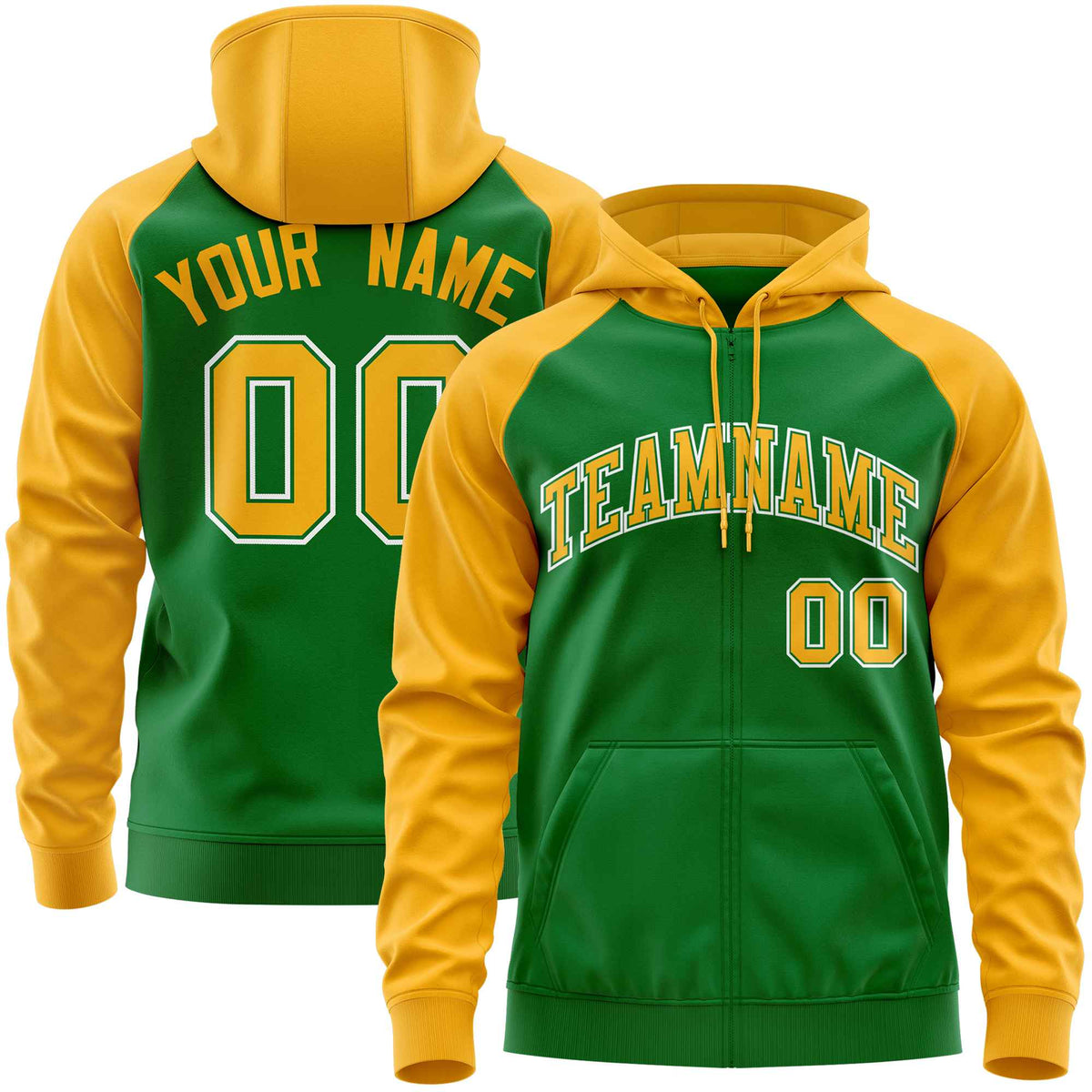 Custom Stitched Kelly Green Gold Raglan Sleeves Sports Full-Zip Sweatshirt Hoodie| KXKSHOP