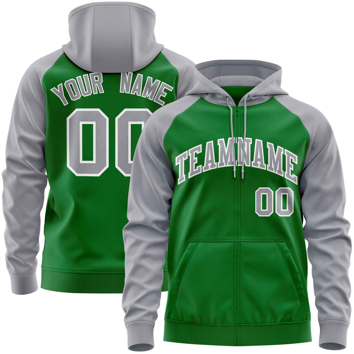 Custom Stitched Kelly Green Light Gray Raglan Sleeves Sports Full-Zip Sweatshirt Hoodie| KXKSHOP