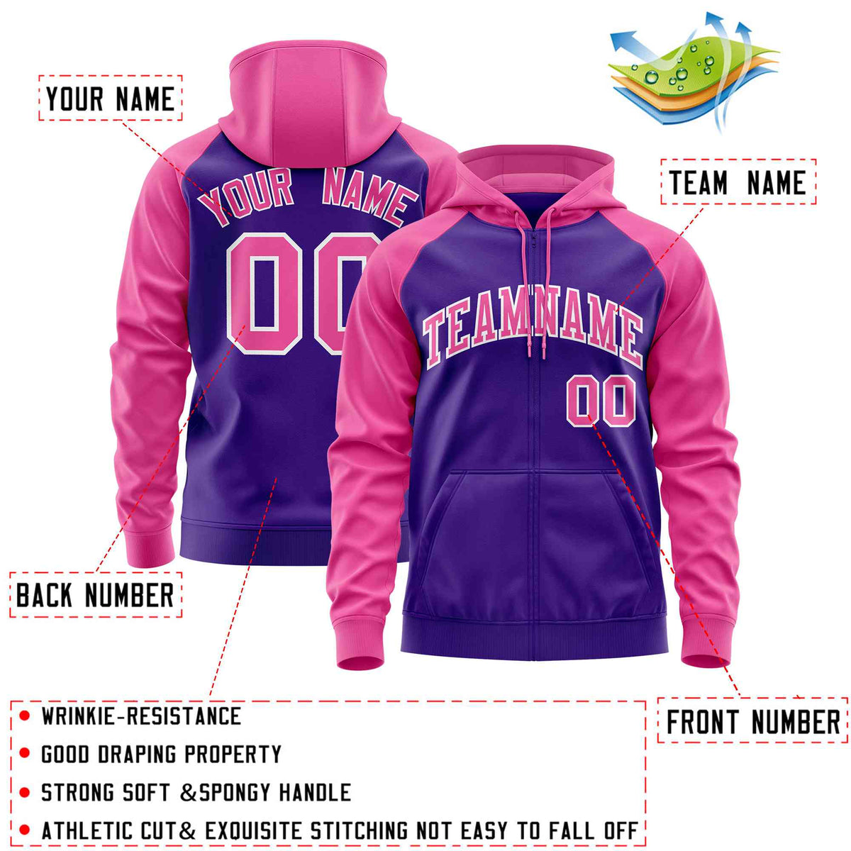Custom Stitched Purple Pink Raglan Sleeves Sports Full-Zip Sweatshirt Hoodie| KXKSHOP
