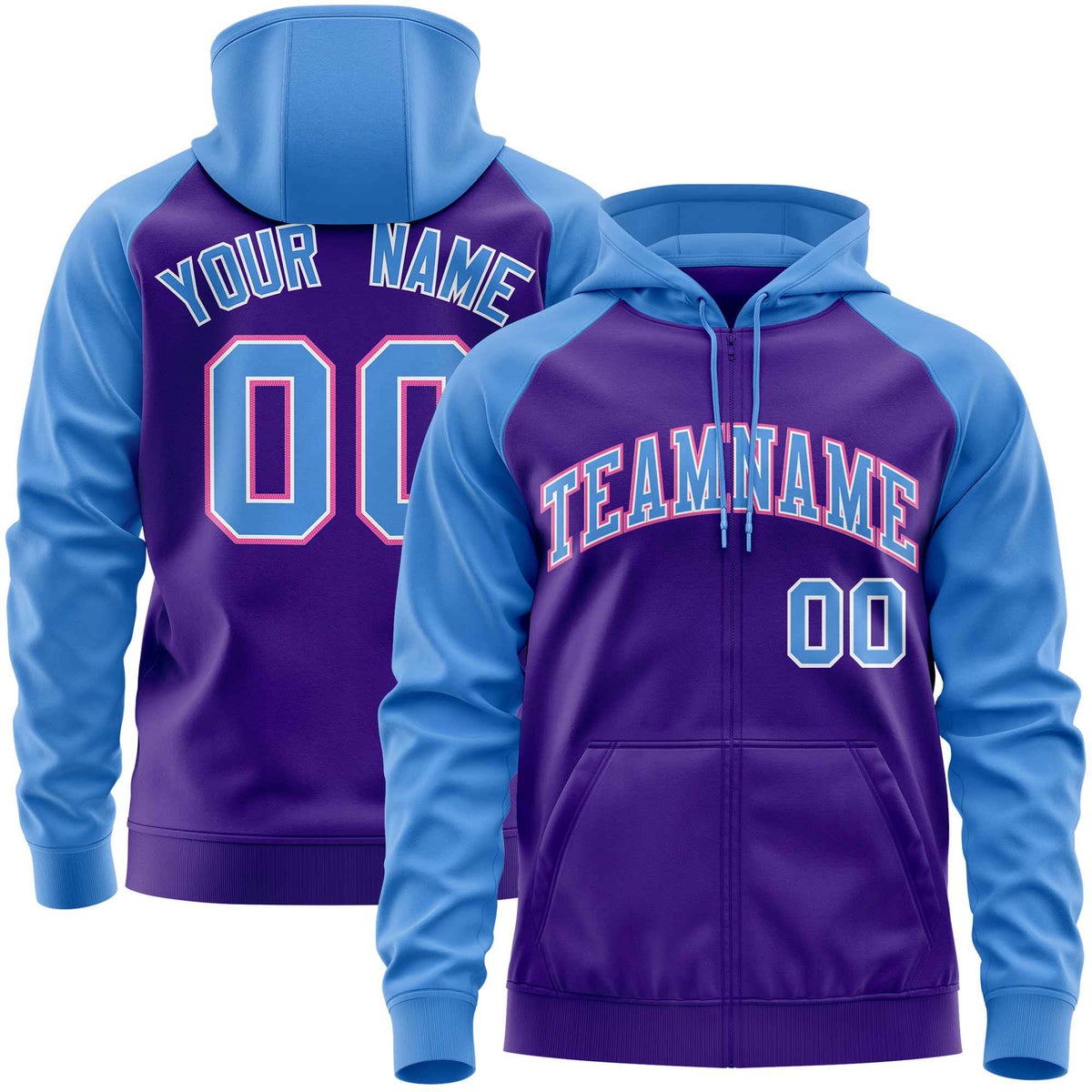 Custom Stitched Purple Powder Blue Raglan Sleeves Sports Full-Zip Sweatshirt Hoodie| KXKSHOP