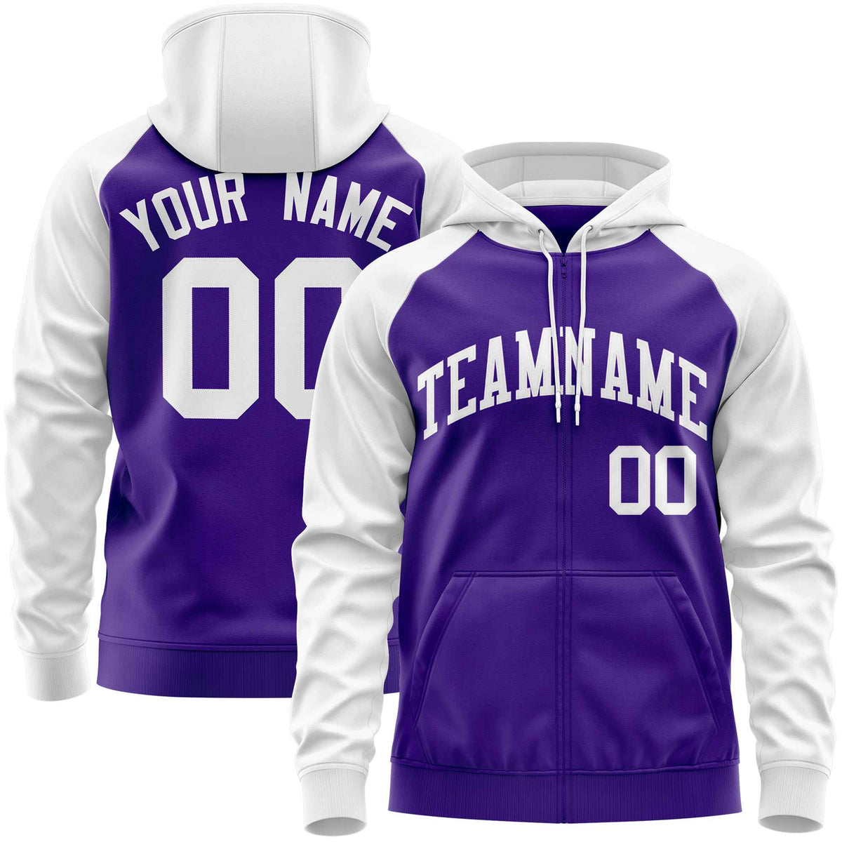 Custom Stitched Purple White Raglan Sleeves Sports Full-Zip Sweatshirt Hoodie| KXKSHOP