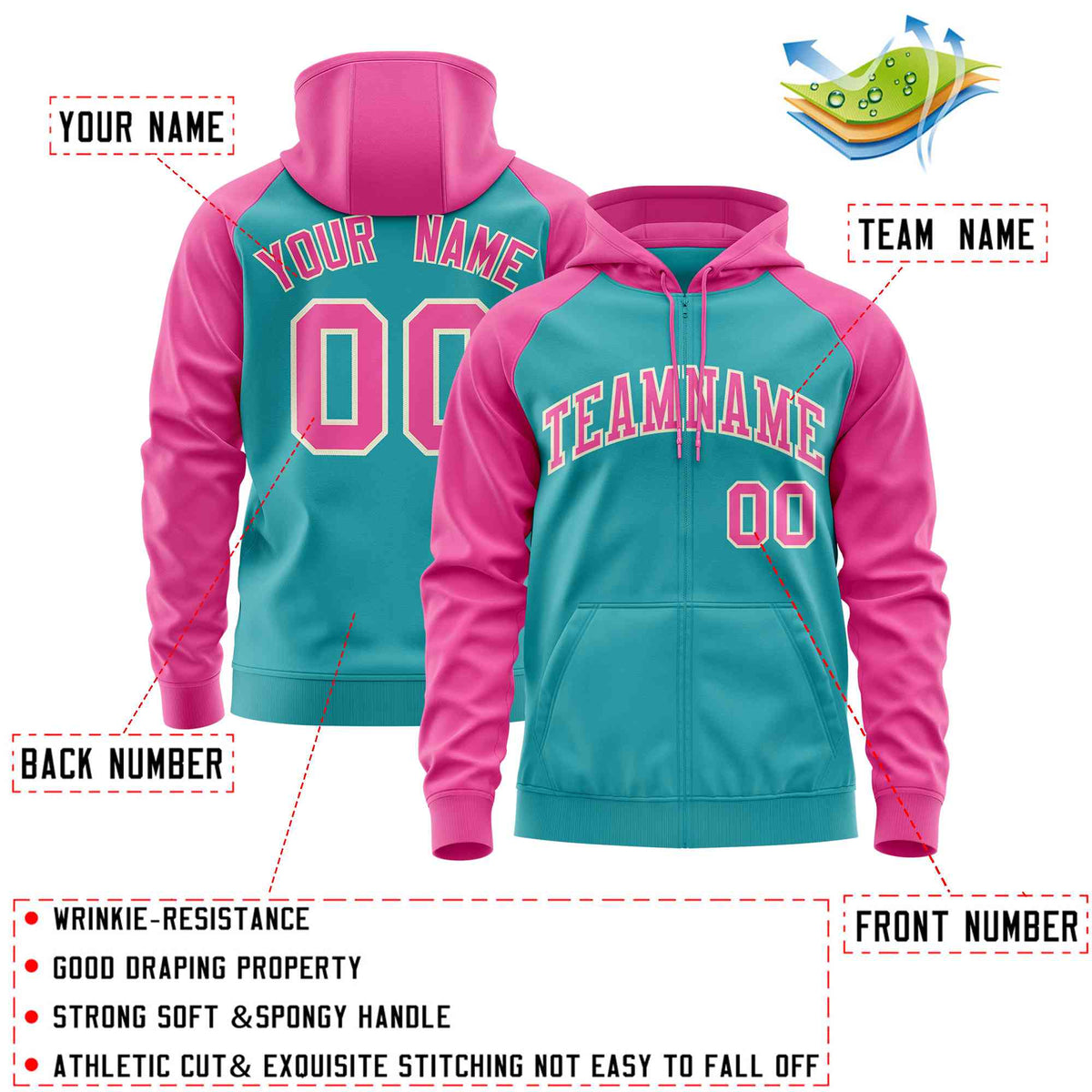 Custom Stitched Aqua Pink Raglan Sleeves Sports Full-Zip Sweatshirt Hoodie| KXKSHOP