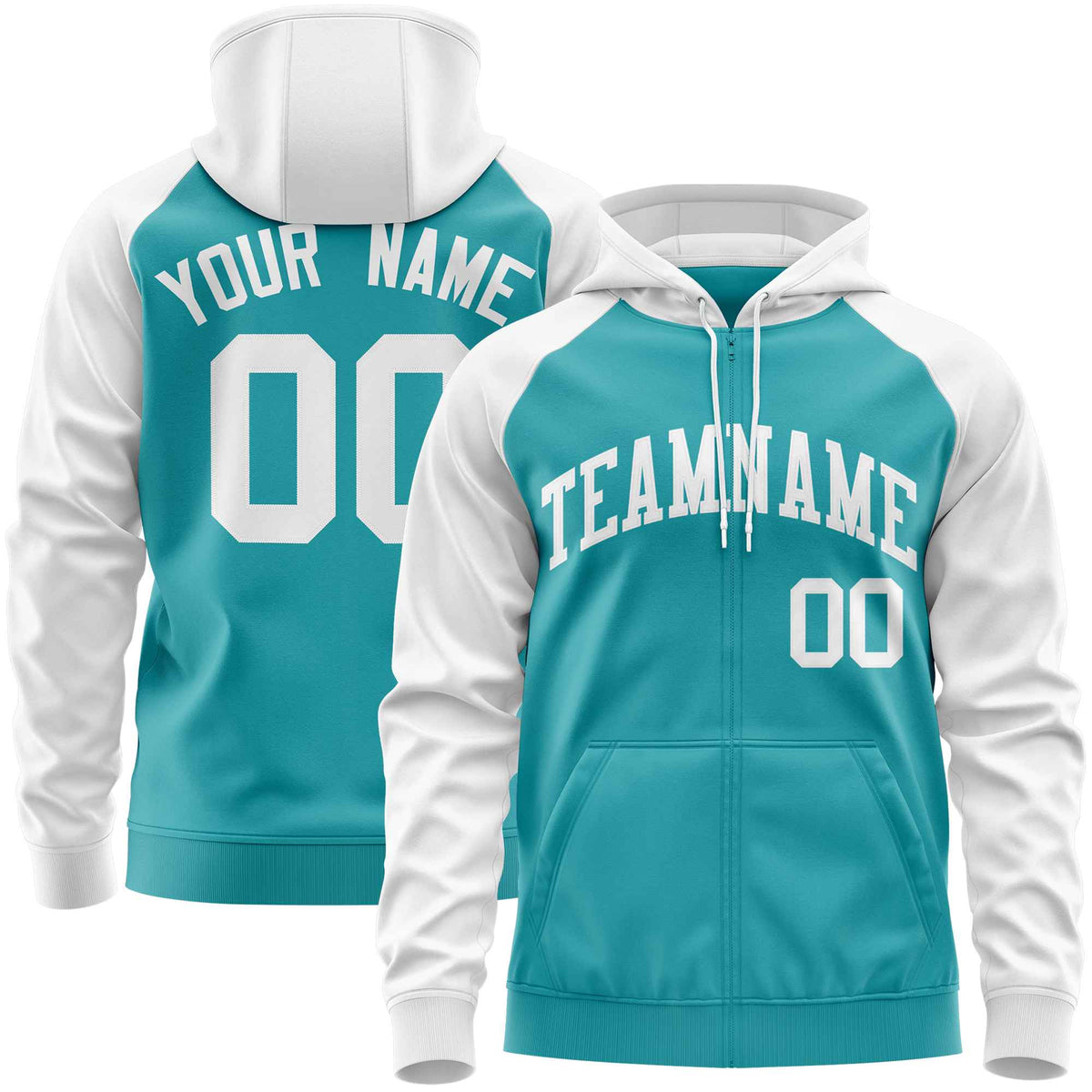 Custom Stitched Aqua White Raglan Sleeves Sports Full-Zip Sweatshirt Hoodie| KXKSHOP