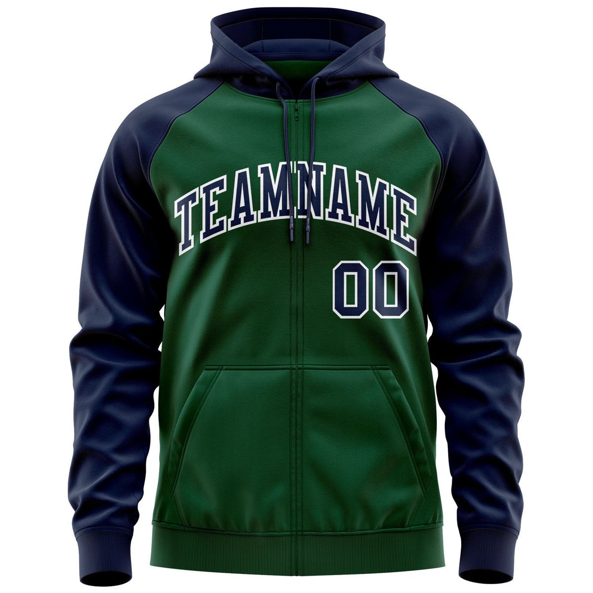 Custom Stitched Green Navy-White Raglan Sleeves Sports Full-Zip Sweatshirt Hoodie| KXKSHOP