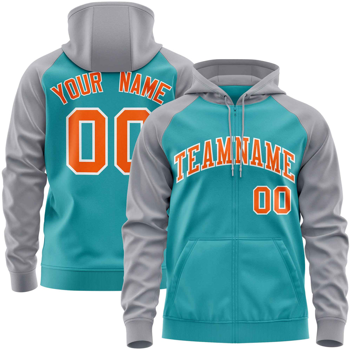 Custom Stitched Aqua Light Gray-Orange Raglan Sleeves Sports Full-Zip Sweatshirt Hoodie| KXKSHOP