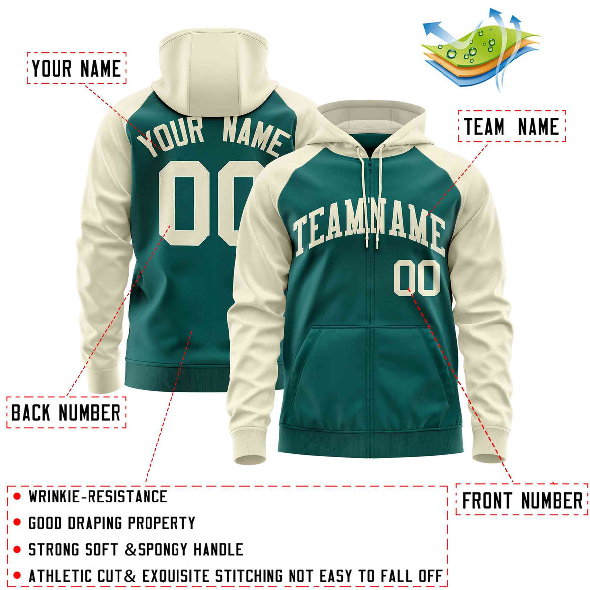 Custom Stitched Aqua Cream Raglan Sleeves Sports Full-Zip Sweatshirt Hoodie| KXKSHOP