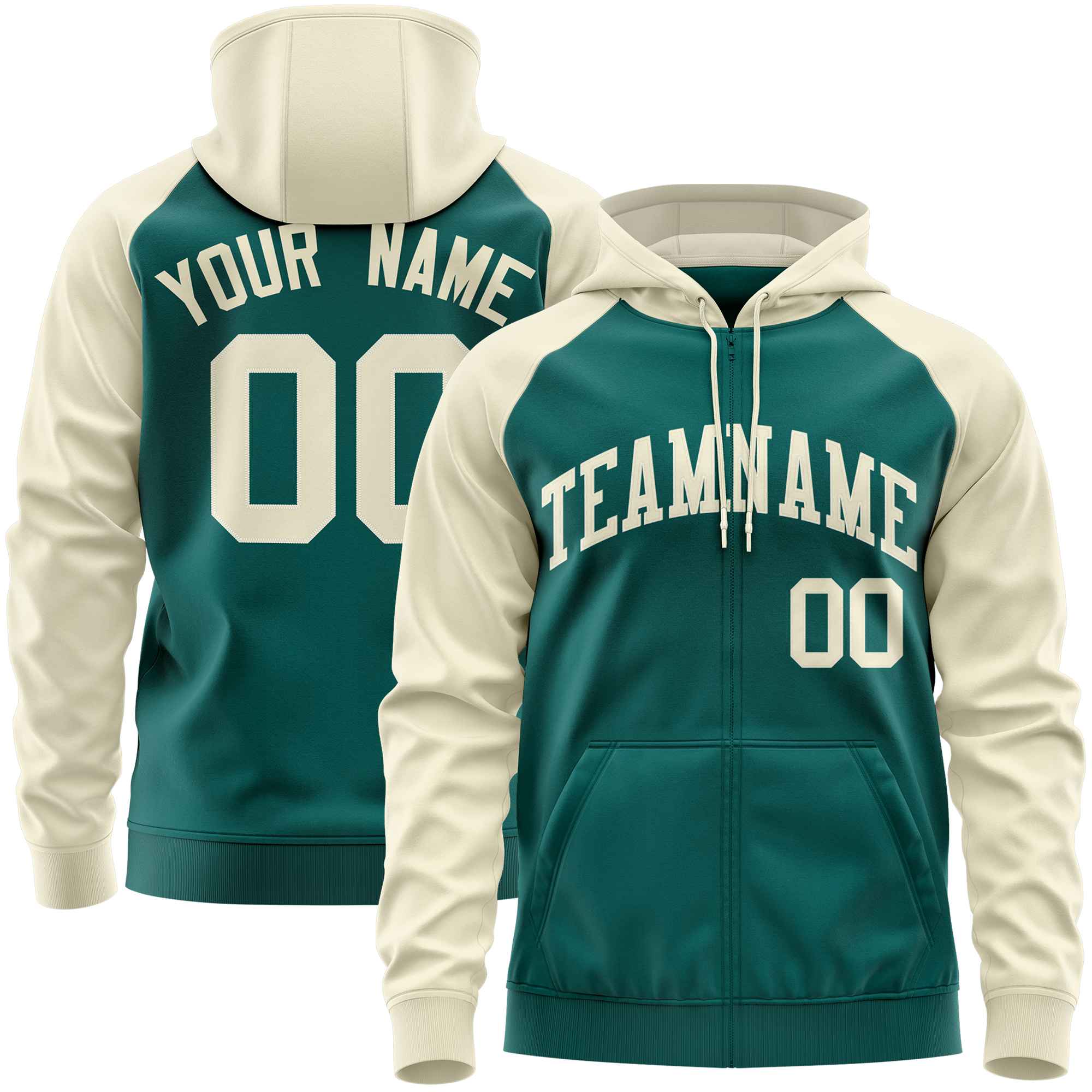 Custom Stitched Aqua Cream Raglan Sleeves Sports Full-Zip Sweatshirt Hoodie| KXKSHOP