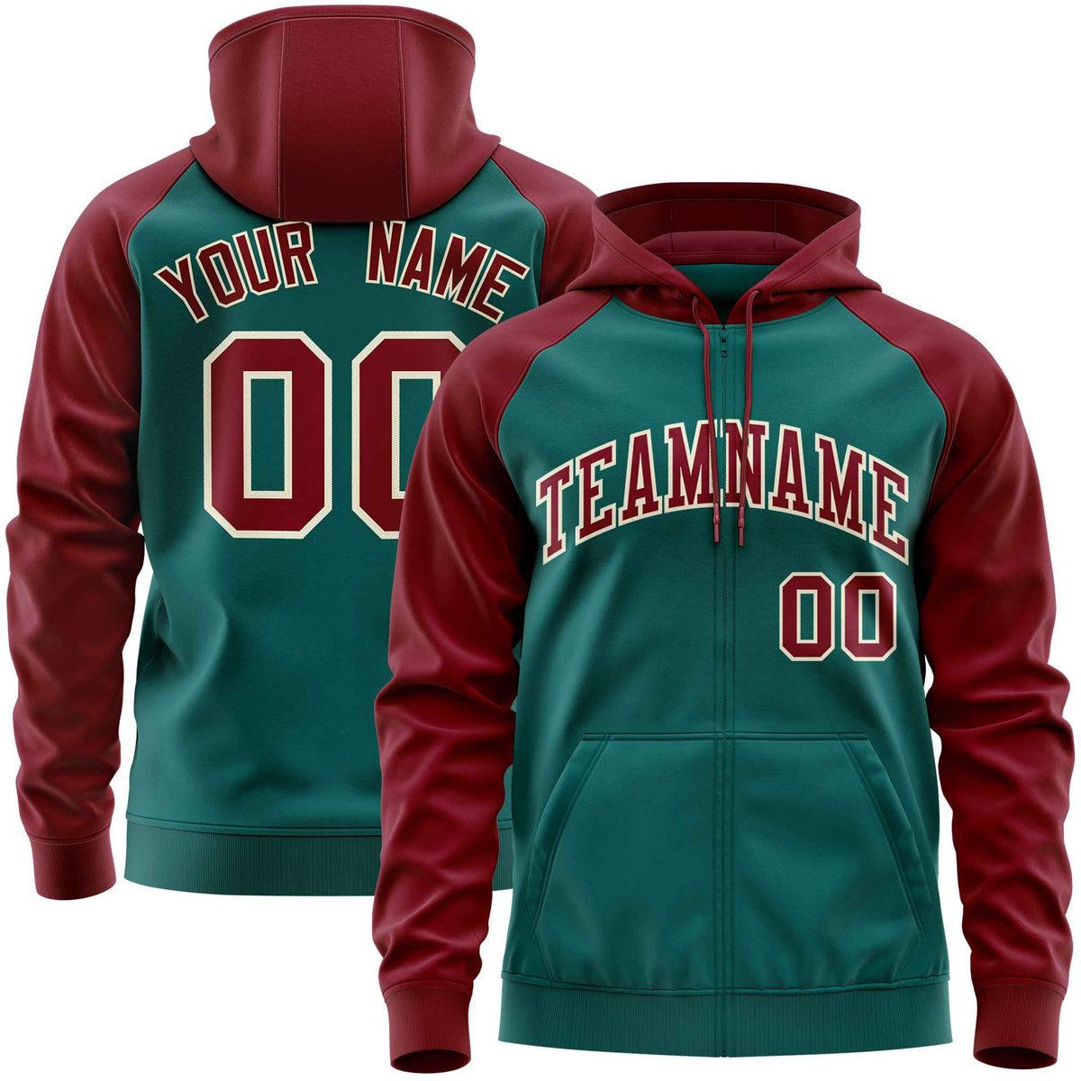 Custom Stitched Aqua Crimson Raglan Sleeves Sports Full-Zip Sweatshirt Hoodie| KXKSHOP