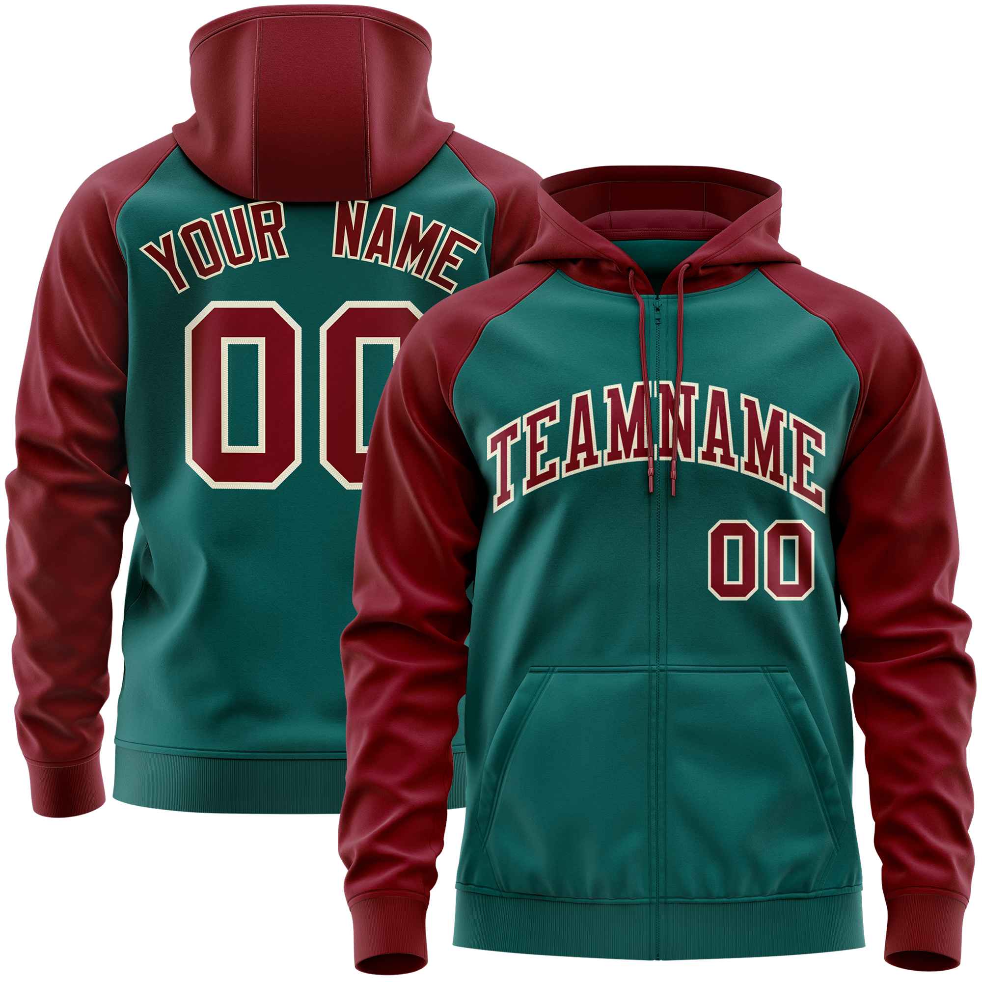 Custom Stitched Aqua Crimson Raglan Sleeves Sports Full-Zip Sweatshirt Hoodie| KXKSHOP